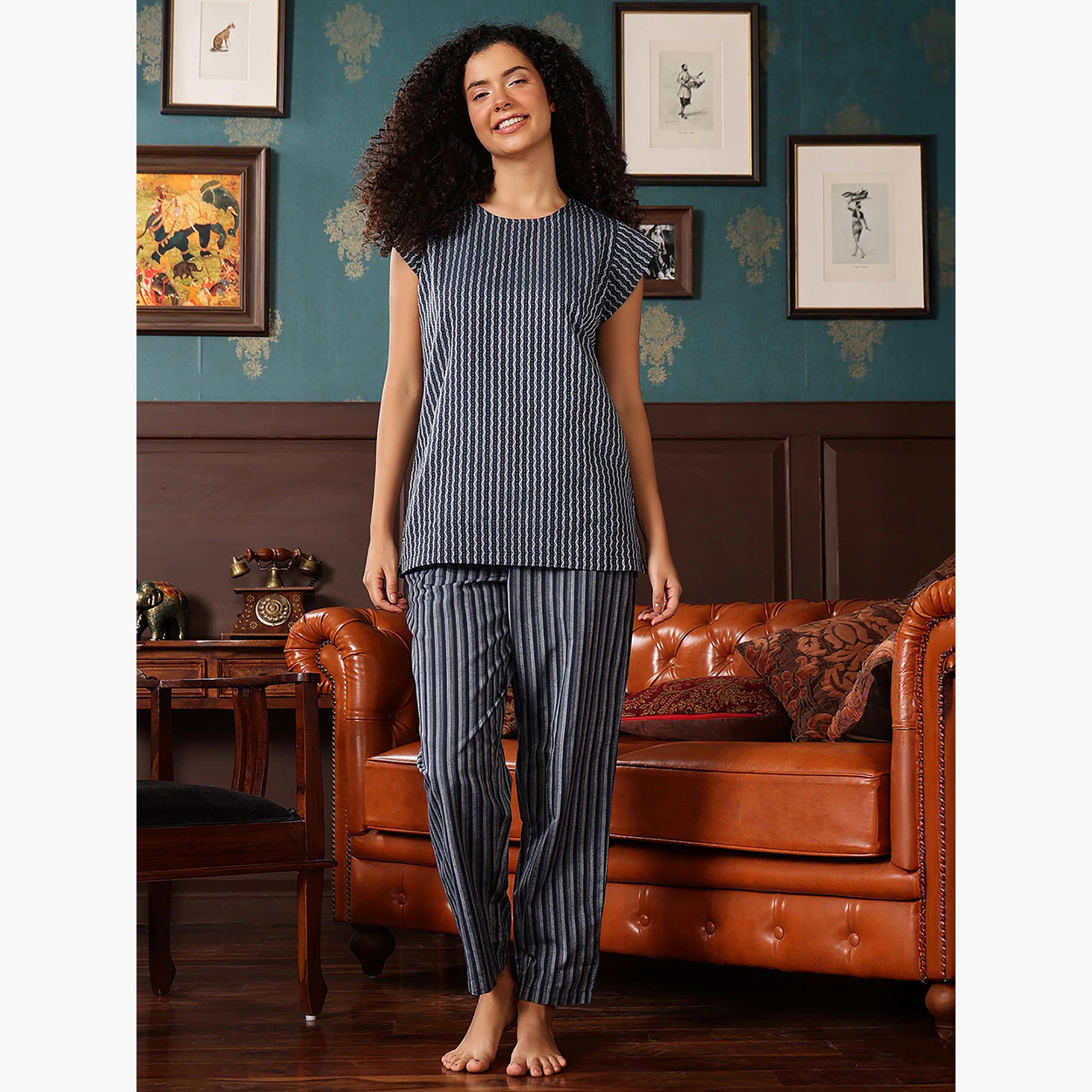 Clovia Printed Kurta Women's Top & Pyjama Set in Navy Colour - Cotton-women-clothing-nightwear-pyjamas-longsets-image-1