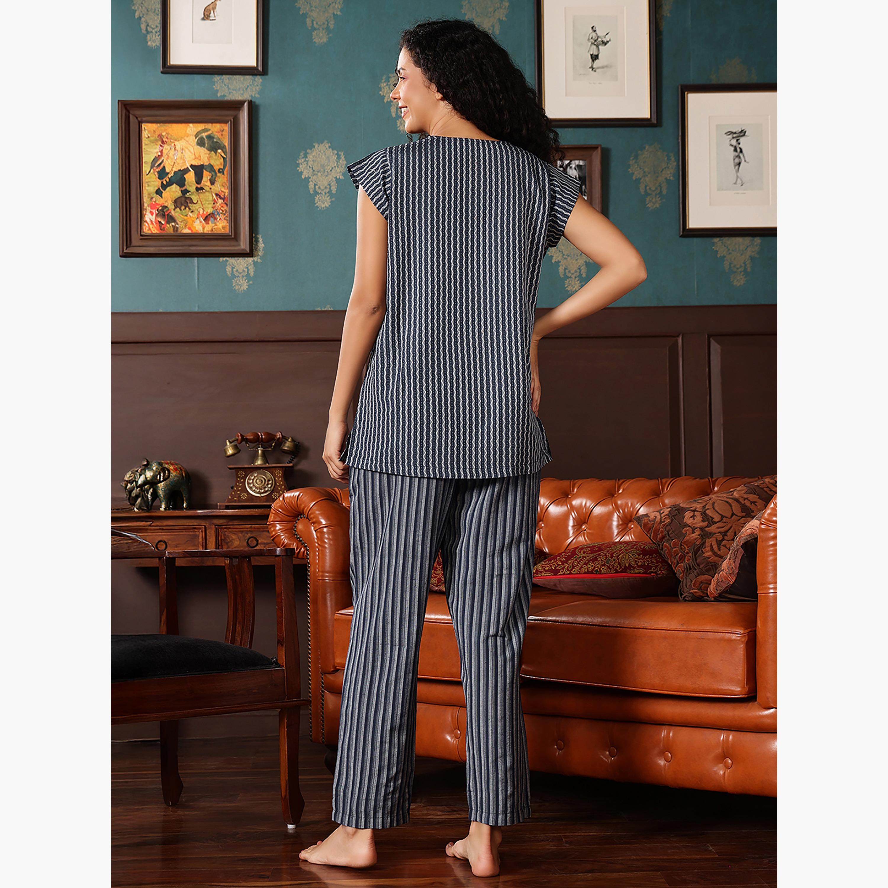 Clovia Printed Kurta Women's Top & Pyjama Set in Navy Colour - Cotton-women-clothing-nightwear-pyjamas-longsets-image-4