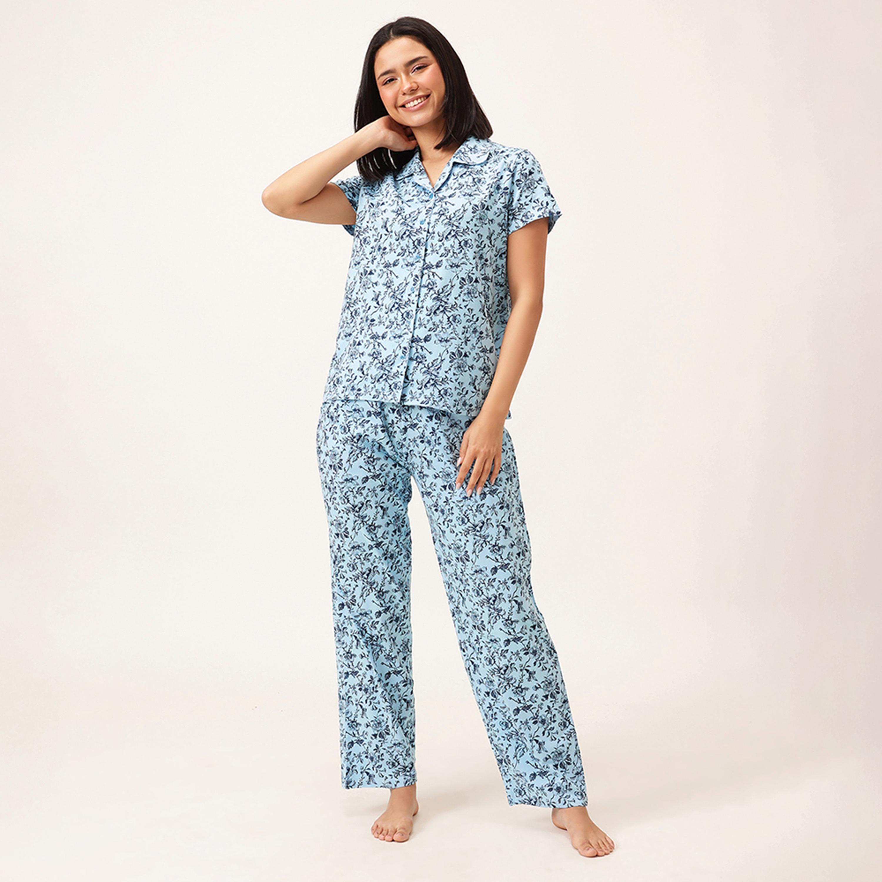 طقم قميص وبيجامة بأزرار وطبعة زهور - 100% قطن أزرق سماوي من كلوفيا-women-clothing-nightwear-pyjamas-longsets-image-1