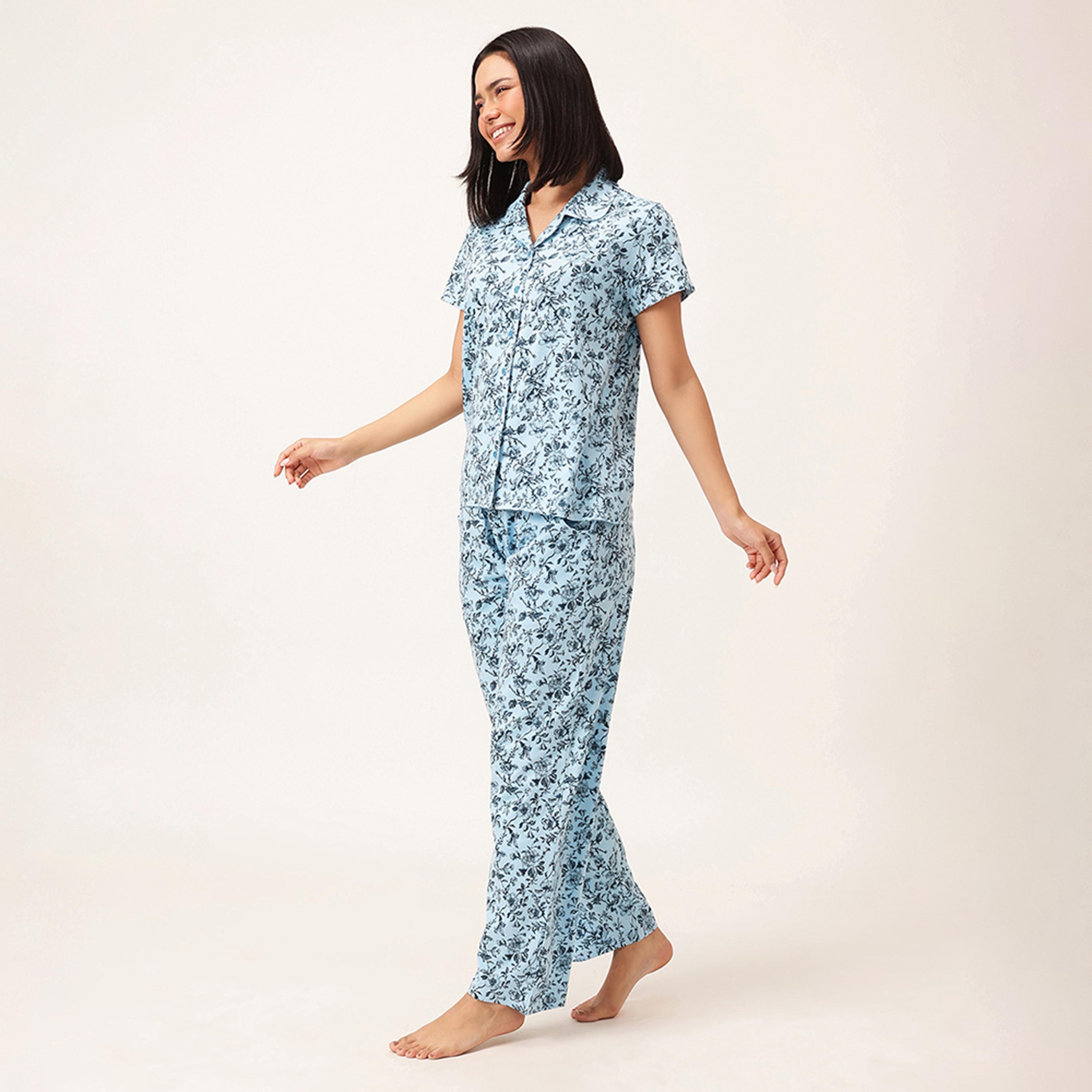 طقم قميص وبيجامة بأزرار وطبعة زهور - 100% قطن أزرق سماوي من كلوفيا-women-clothing-nightwear-pyjamas-longsets-image-2