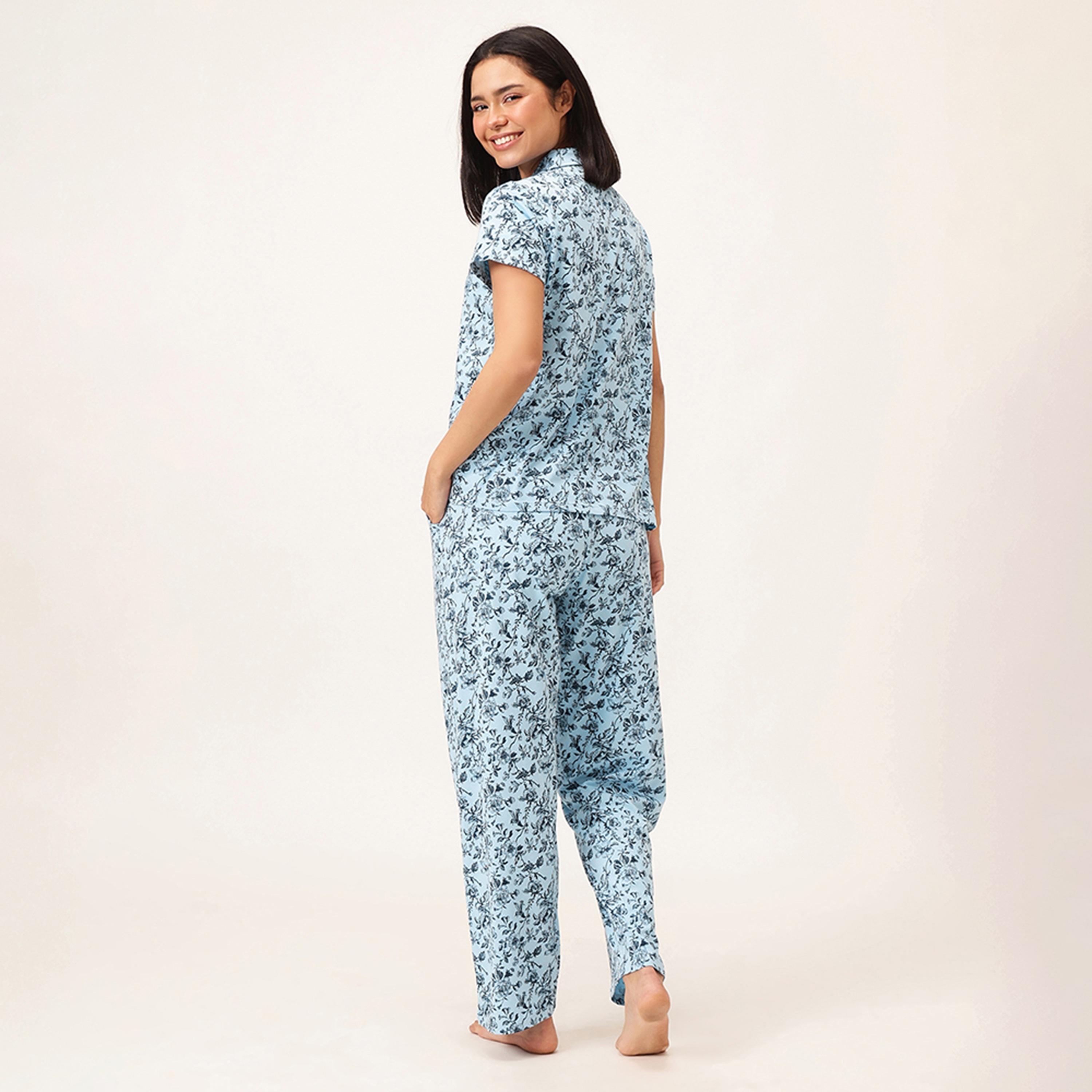 Clovia Floral Button-down Women's Shirt & Pyjama Set in Sky Blue - 100% Cotton-women-clothing-nightwear-pyjamas-longsets-image-3