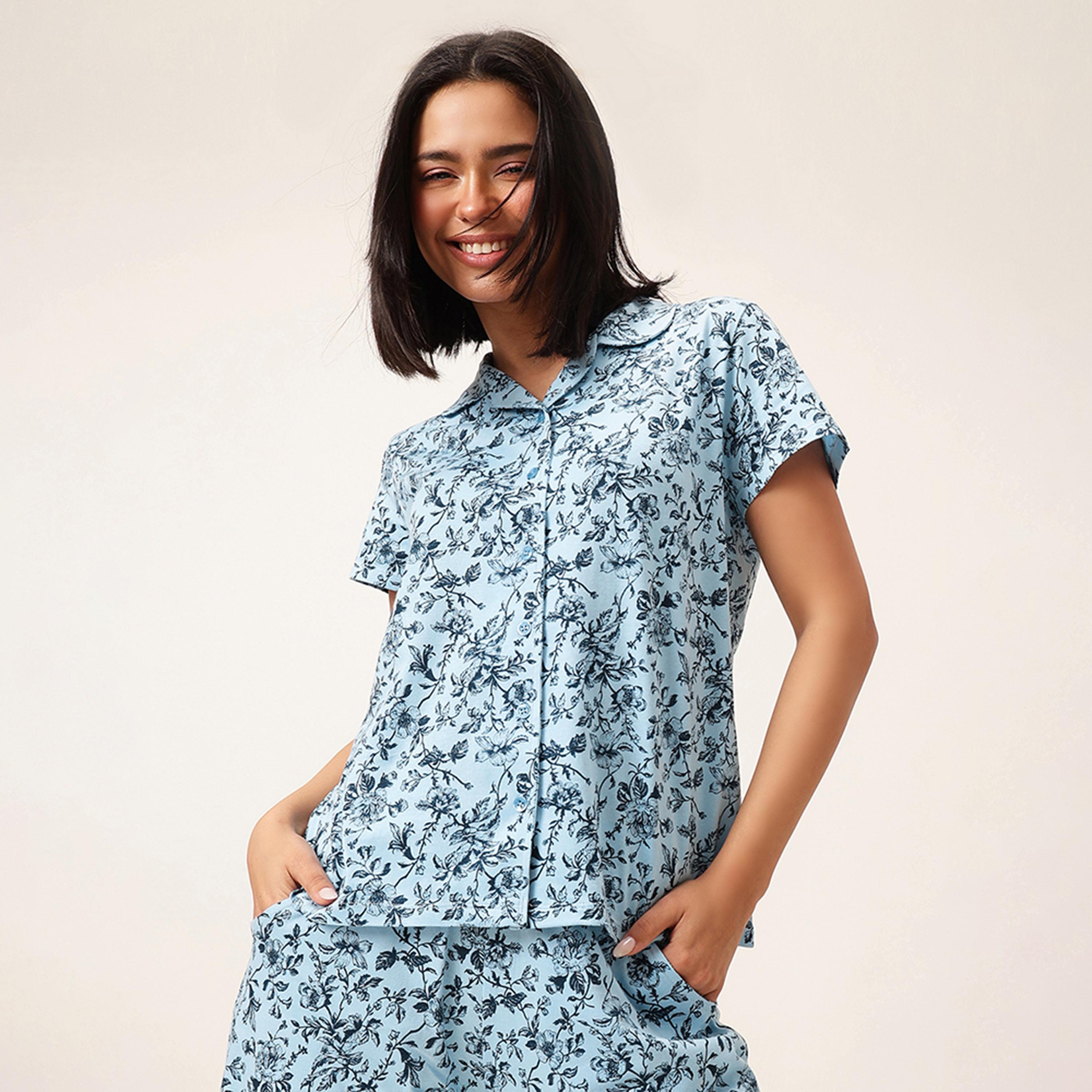 طقم قميص وبيجامة بأزرار وطبعة زهور - 100% قطن أزرق سماوي من كلوفيا-women-clothing-nightwear-pyjamas-longsets-image-4