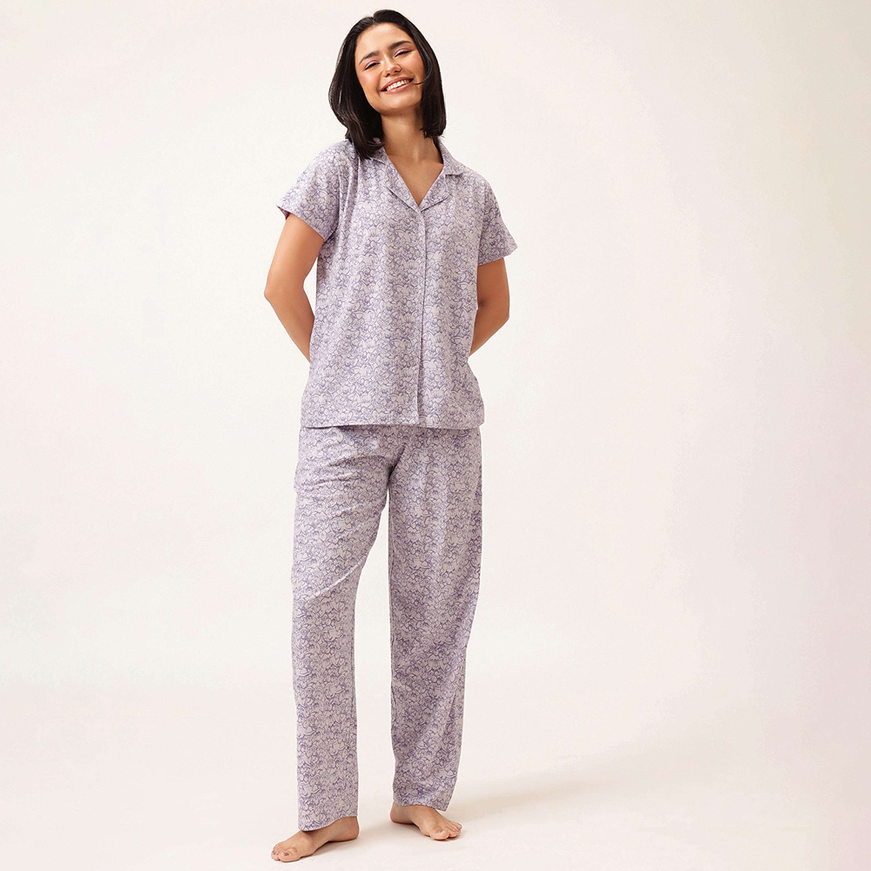 Clovia Tom & Jerry Print Button-down Women's Shirt & Pyjama in Lavender Colour Set - 100% Cotton-women-clothing-nightwear-pyjamas-longsets-image-1