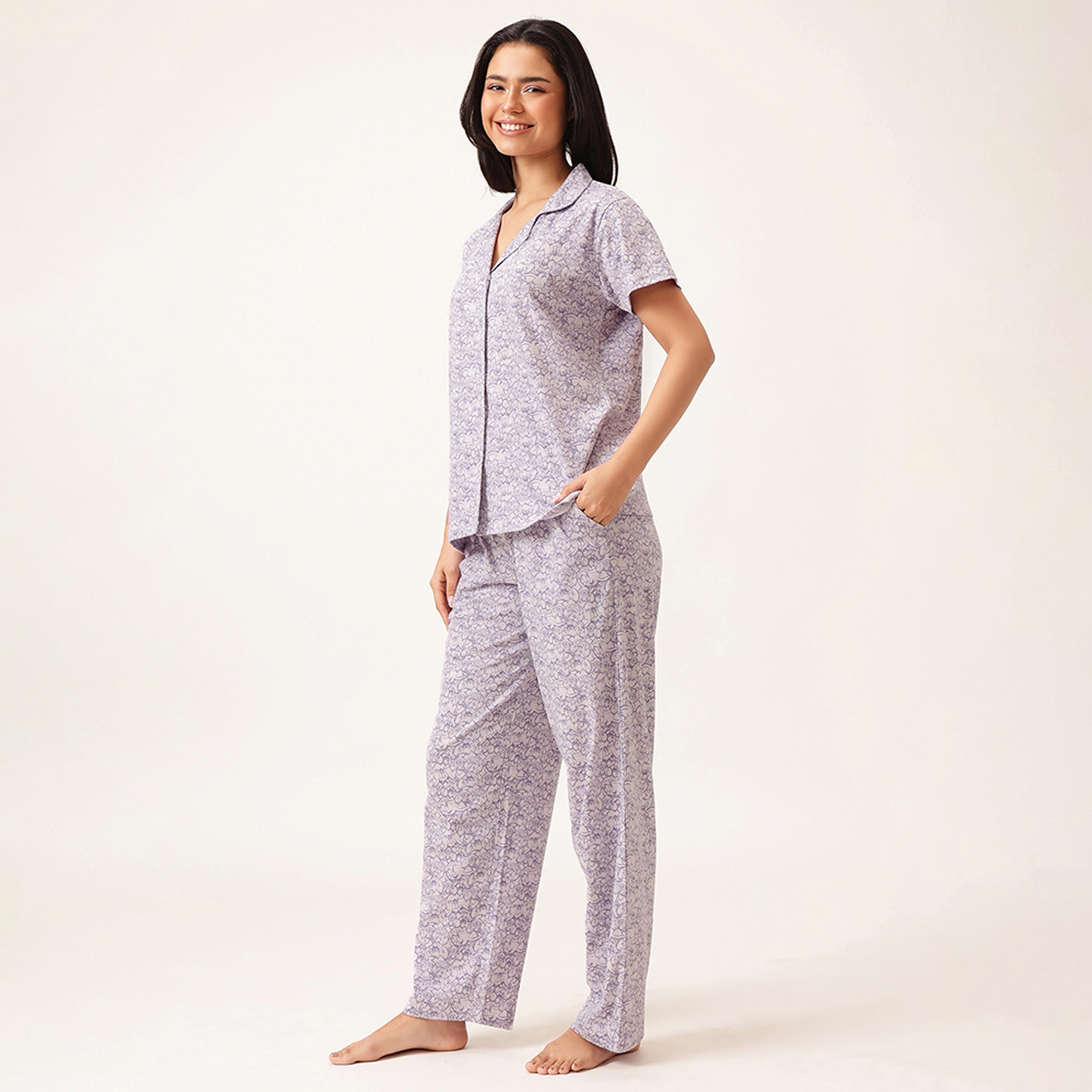 Clovia Tom & Jerry Print Button-down Women's Shirt & Pyjama in Lavender Colour Set - 100% Cotton-women-clothing-nightwear-pyjamas-longsets-image-2