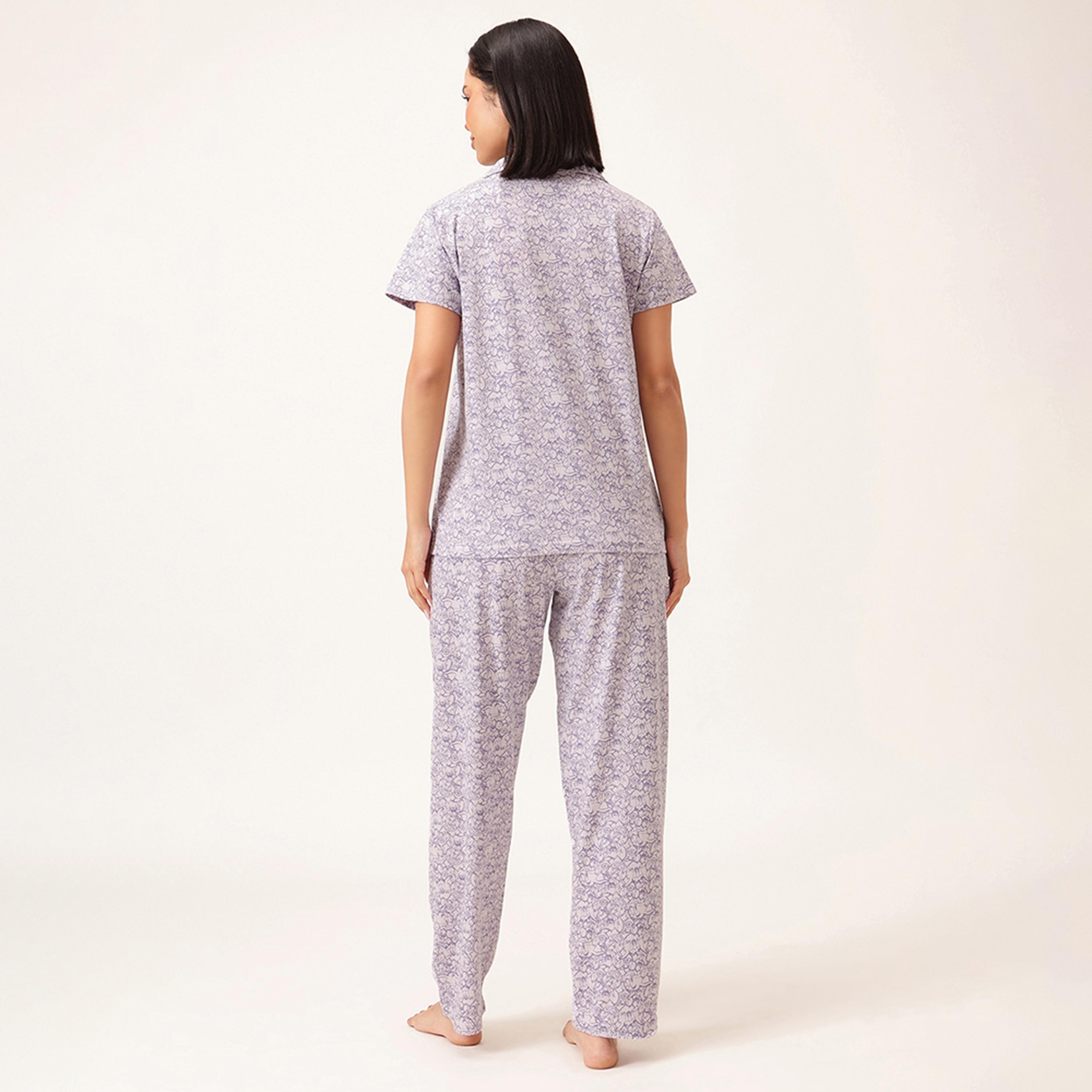 Clovia Tom & Jerry Print Button-down Women's Shirt & Pyjama in Lavender Colour Set - 100% Cotton-women-clothing-nightwear-pyjamas-longsets-image-3