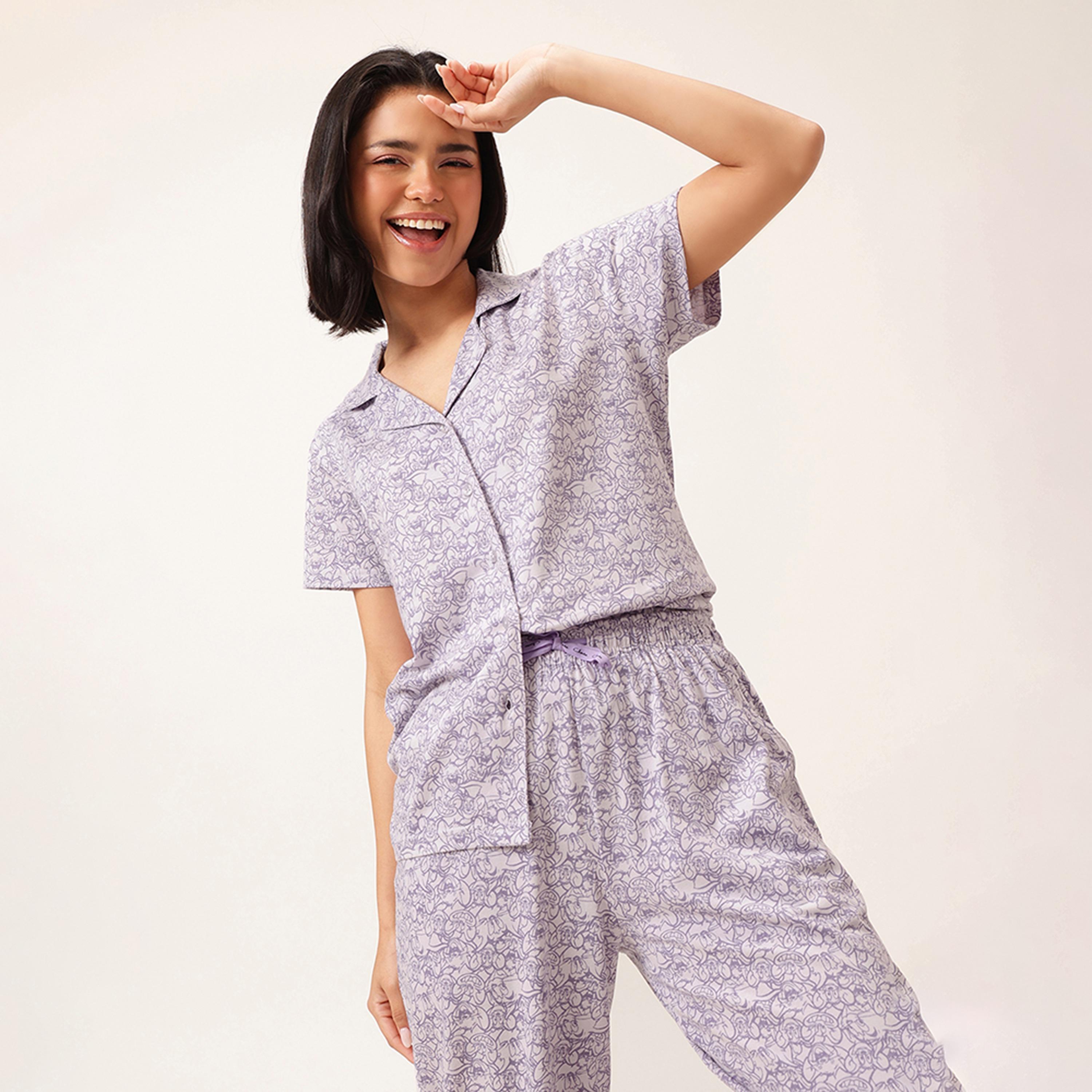 Clovia Tom & Jerry Print Button-down Women's Shirt & Pyjama in Lavender Colour Set - 100% Cotton-women-clothing-nightwear-pyjamas-longsets-image-4