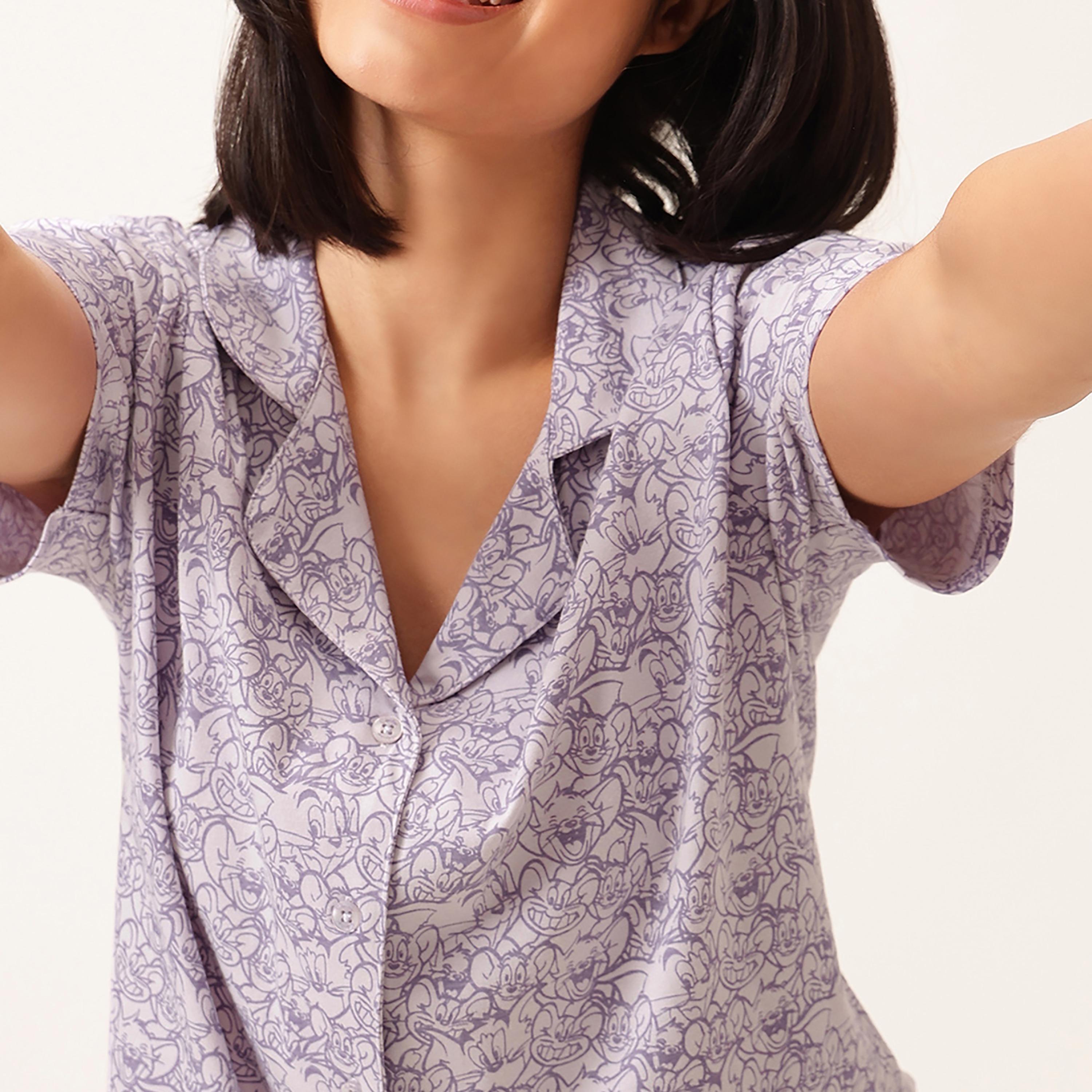 Clovia Tom & Jerry Print Button-down Women's Shirt & Pyjama in Lavender Colour Set - 100% Cotton-women-clothing-nightwear-pyjamas-longsets-image-5