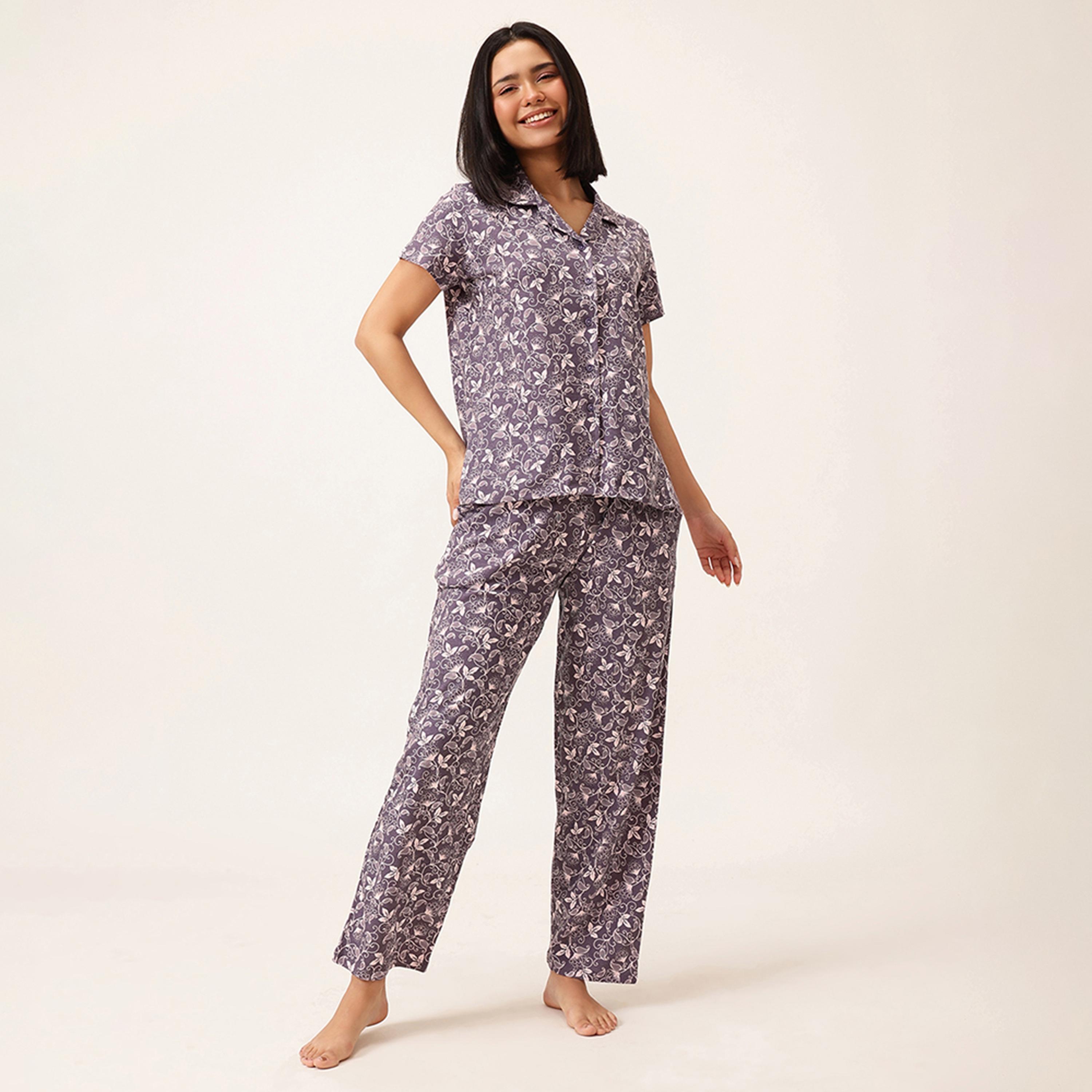 طقم قميص وبيجامة بأزرار وطبعة زهور - 100% قطن أرجواني فاتح من كلوفيا-women-clothing-nightwear-pyjamas-longsets-image-1