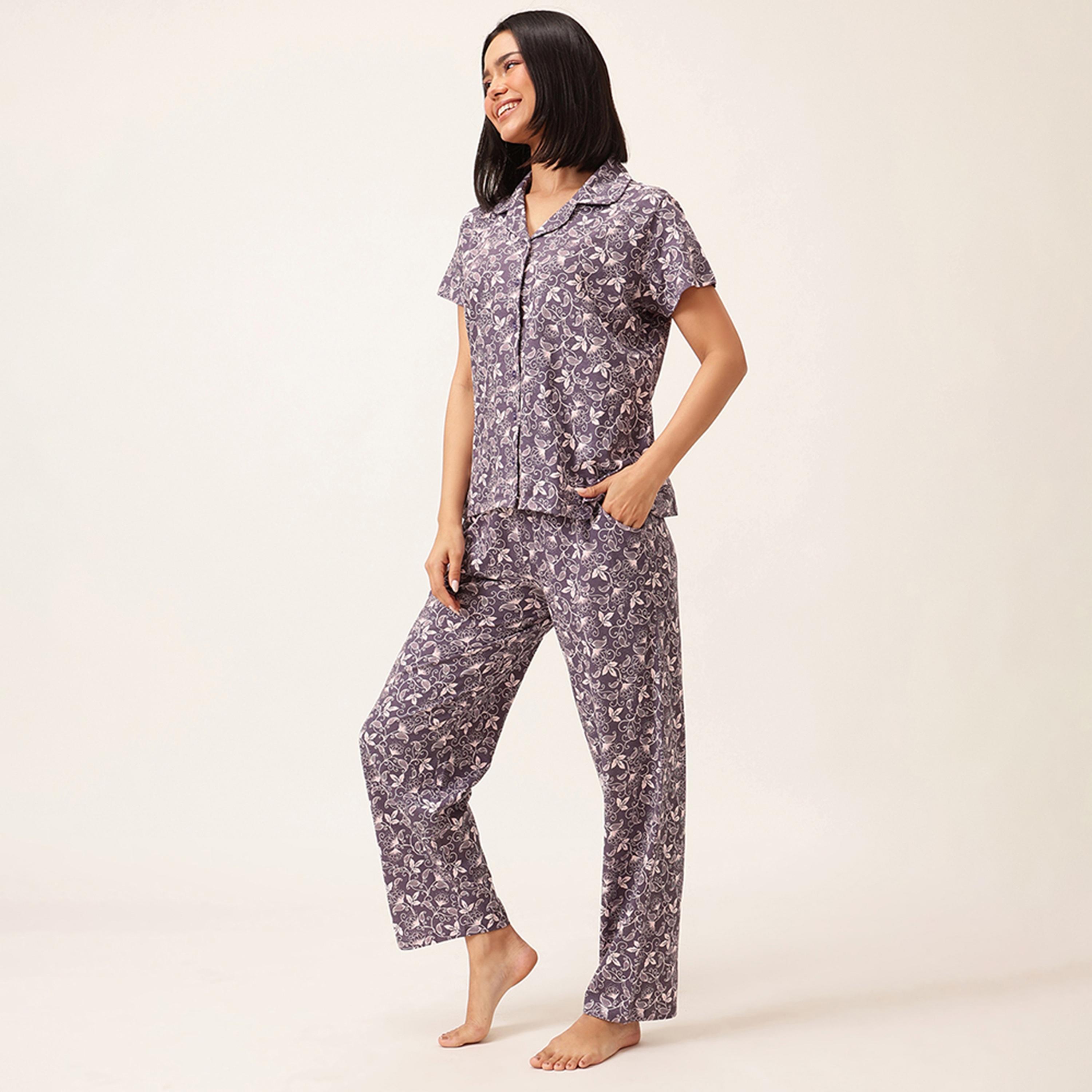 طقم قميص وبيجامة بأزرار وطبعة زهور - 100% قطن أرجواني فاتح من كلوفيا-women-clothing-nightwear-pyjamas-longsets-image-2