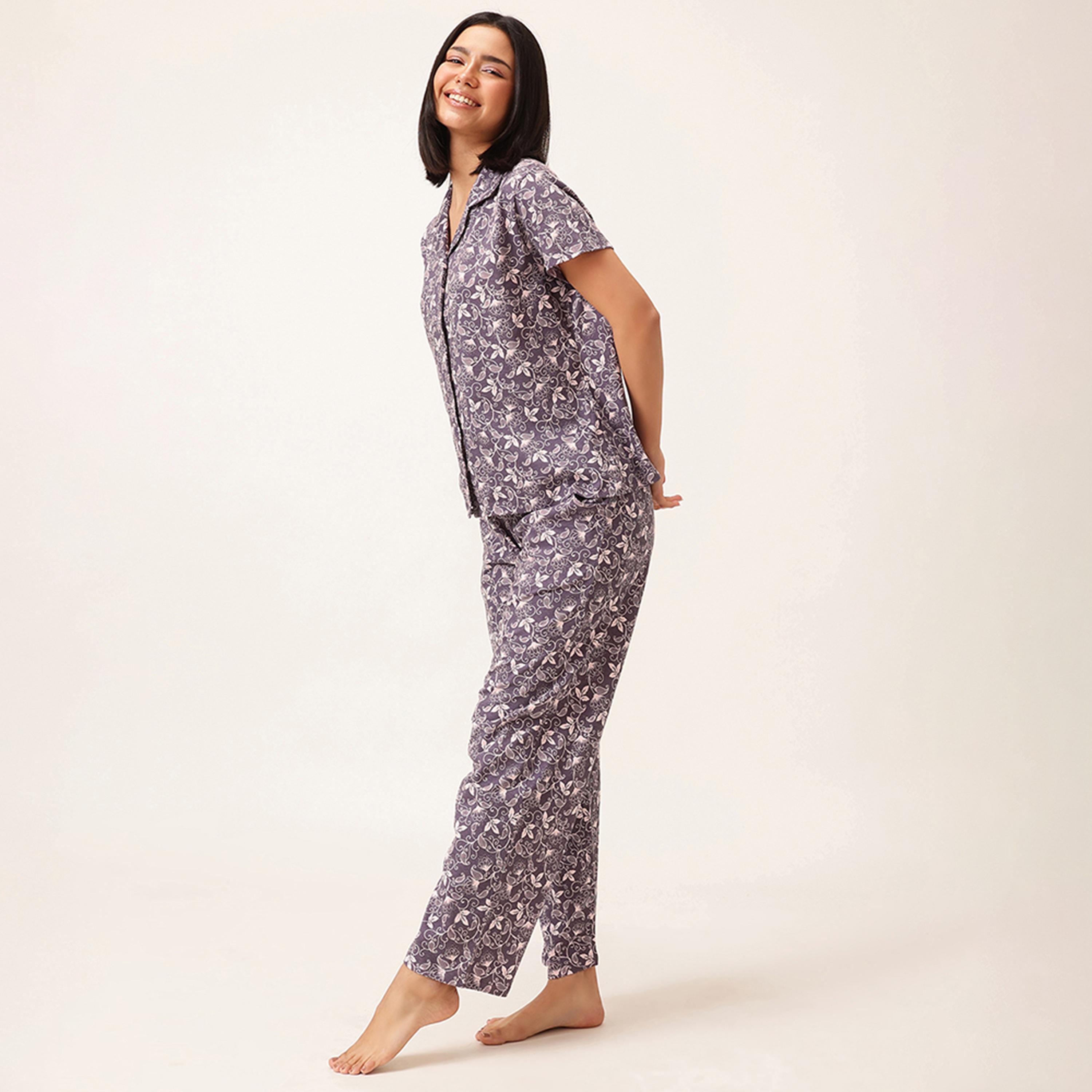 طقم قميص وبيجامة بأزرار وطبعة زهور - 100% قطن أرجواني فاتح من كلوفيا-women-clothing-nightwear-pyjamas-longsets-image-3