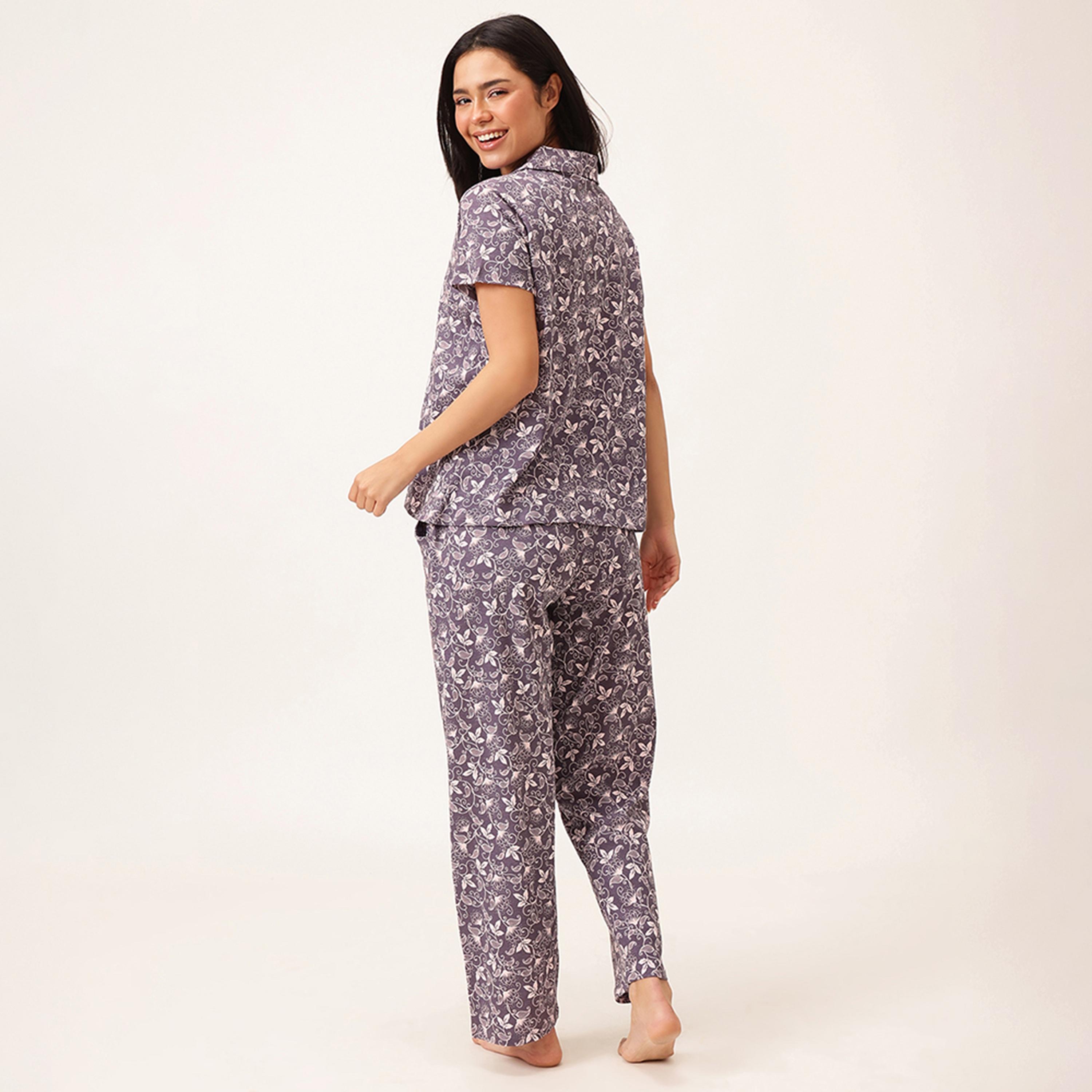 طقم قميص وبيجامة بأزرار وطبعة زهور - 100% قطن أرجواني فاتح من كلوفيا-women-clothing-nightwear-pyjamas-longsets-image-4