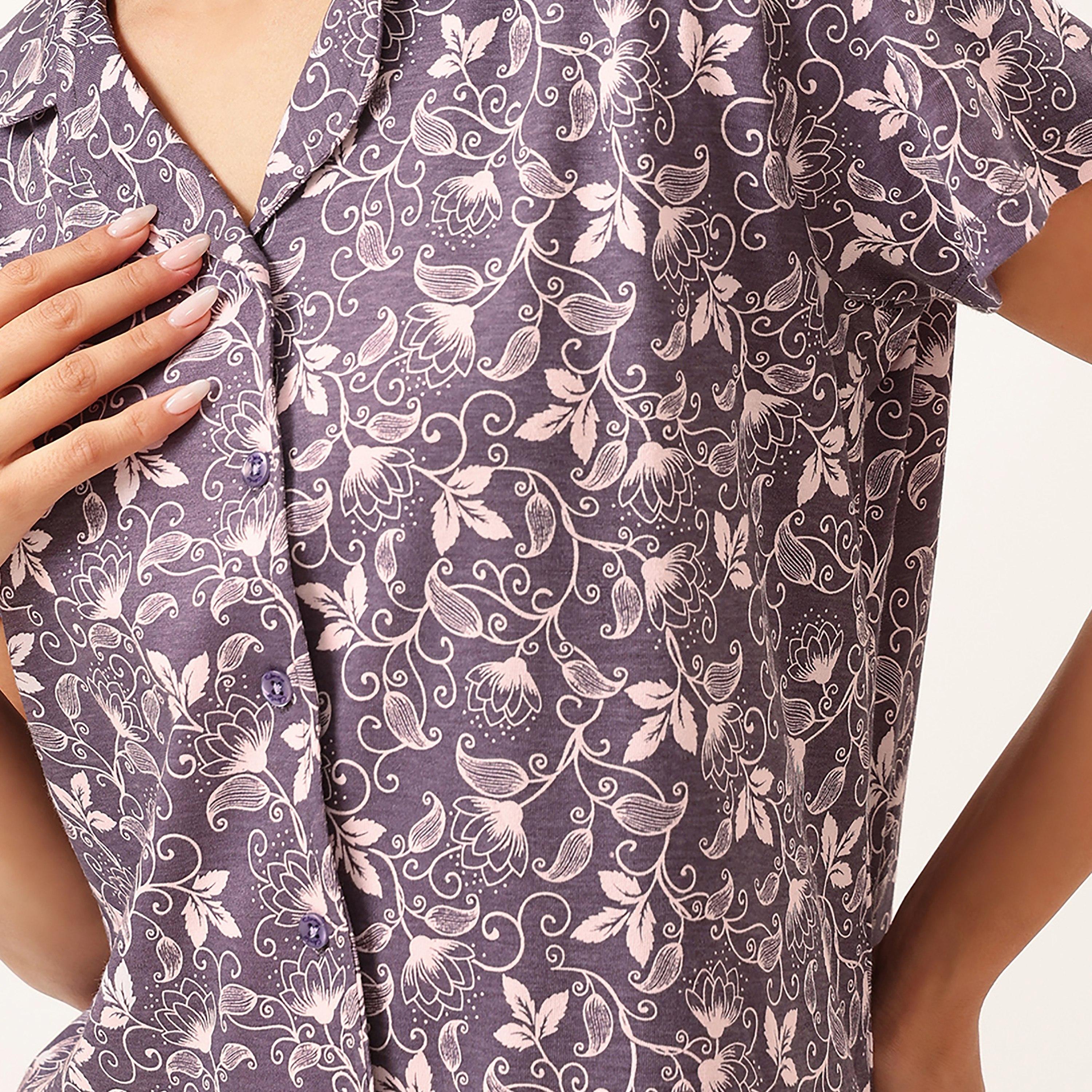 طقم قميص وبيجامة بأزرار وطبعة زهور - 100% قطن أرجواني فاتح من كلوفيا-women-clothing-nightwear-pyjamas-longsets-image-5