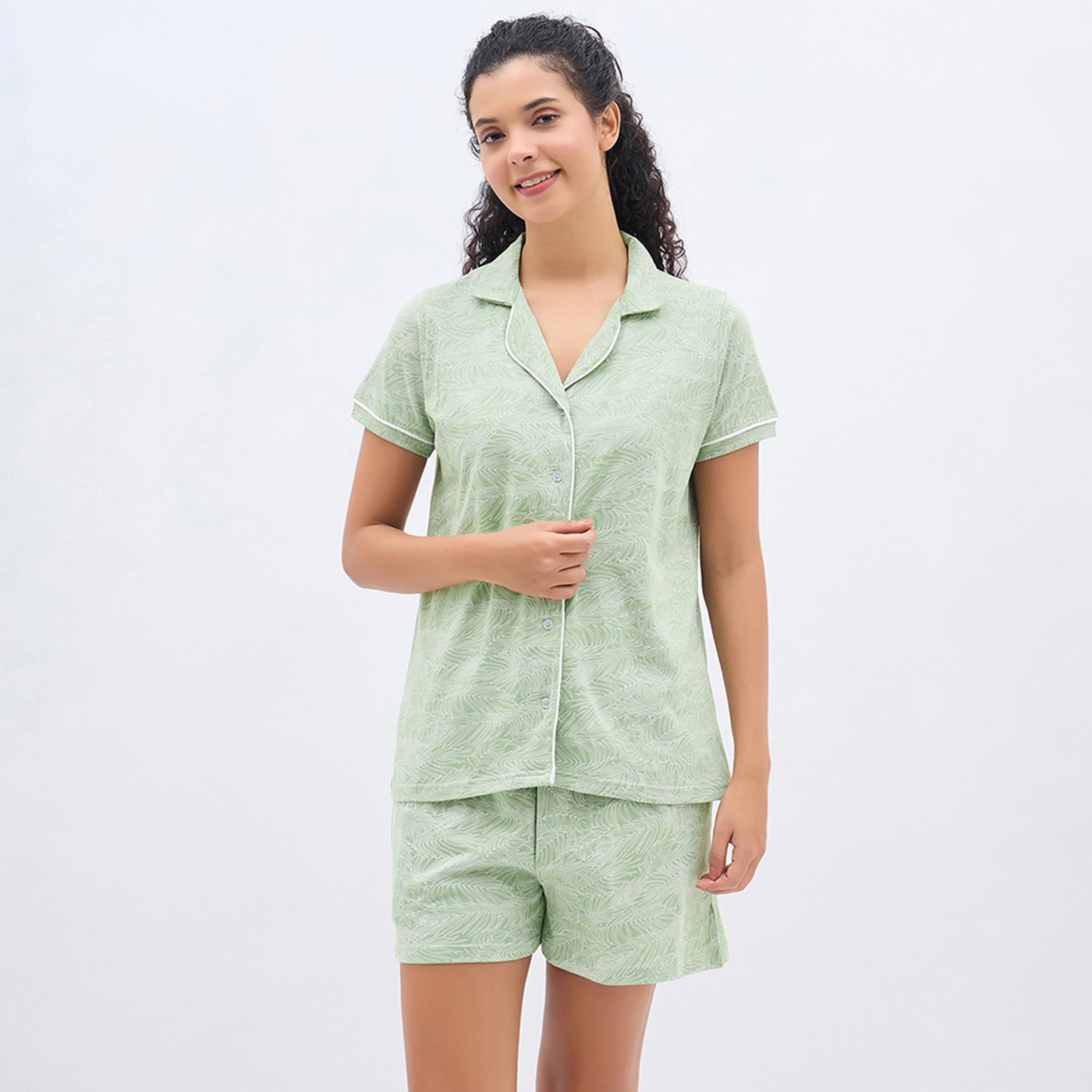 طقم قميص وشورت بأزرار "برينت مي بريتي" - 100% قطن أخضر فاتح من كلوفيا-women-clothing-nightwear-pyjamas-shortsets-image-6