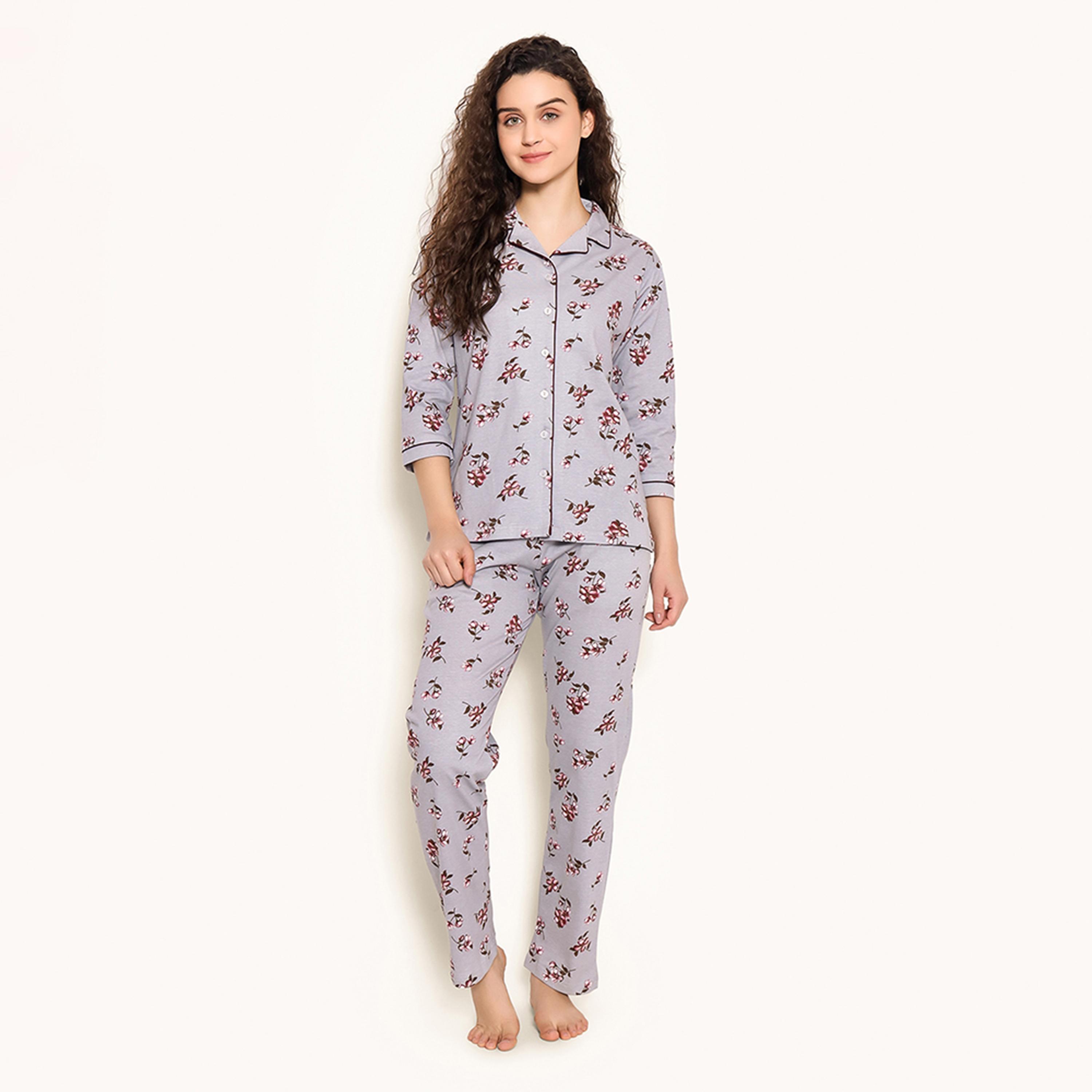 Clovia Pretty Florals Button Down Women's Shirt & Pyjama Set in Light Grey - 100% Cotton-women-clothing-nightwear-pyjamas-longsets-image-1