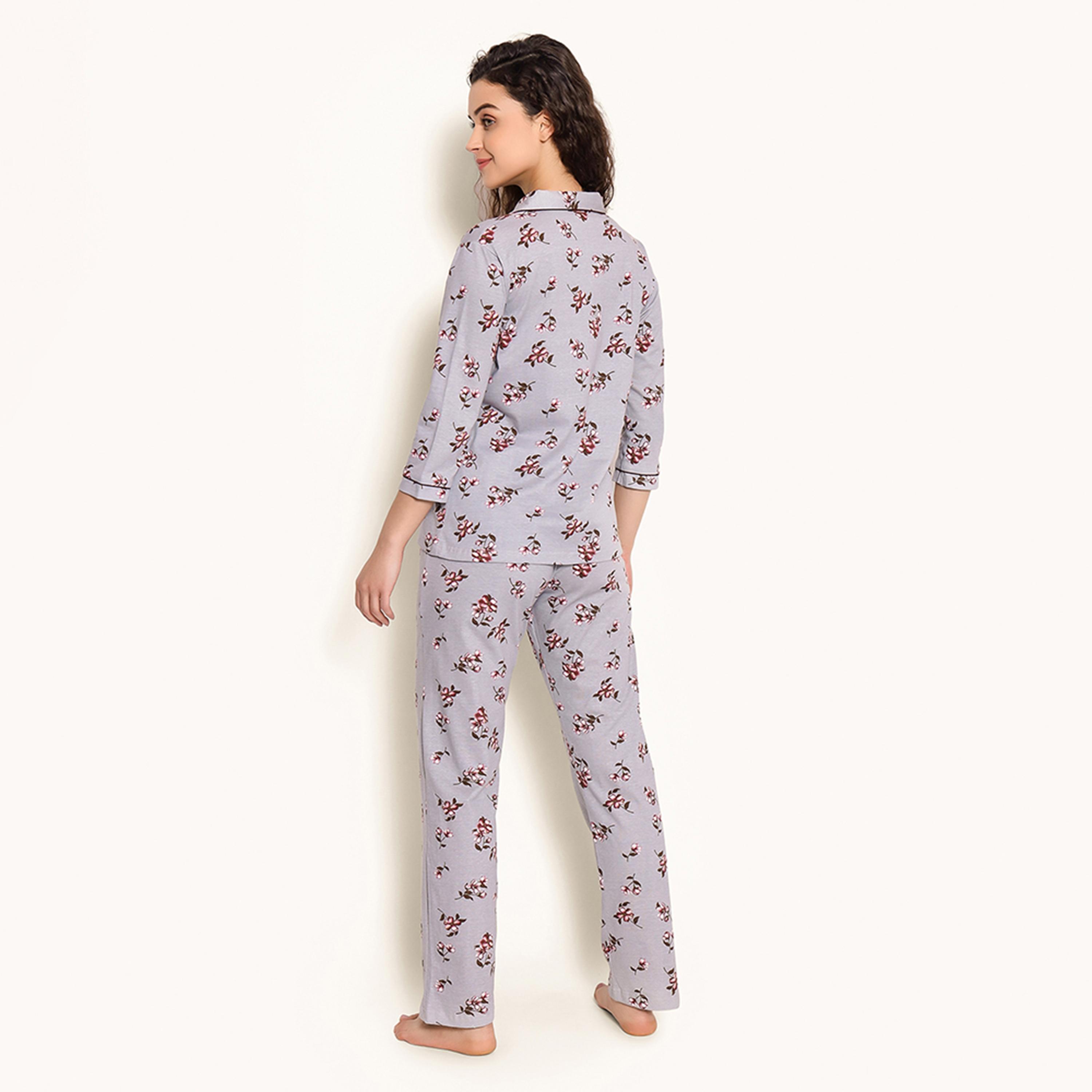 Clovia Pretty Florals Button Down Women's Shirt & Pyjama Set in Light Grey - 100% Cotton-women-clothing-nightwear-pyjamas-longsets-image-4