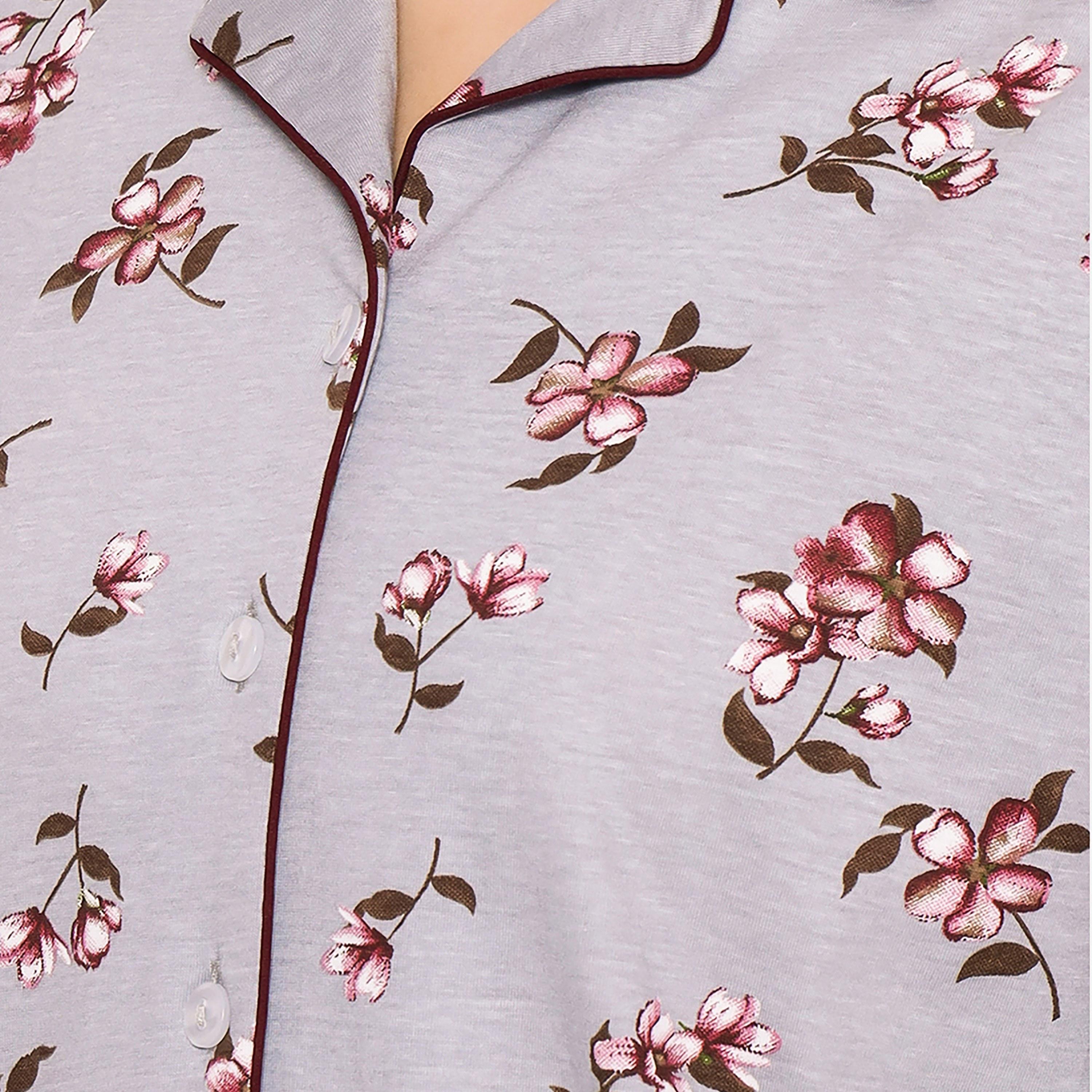 Clovia Pretty Florals Button Down Women's Shirt & Pyjama Set in Light Grey - 100% Cotton-women-clothing-nightwear-pyjamas-longsets-image-6