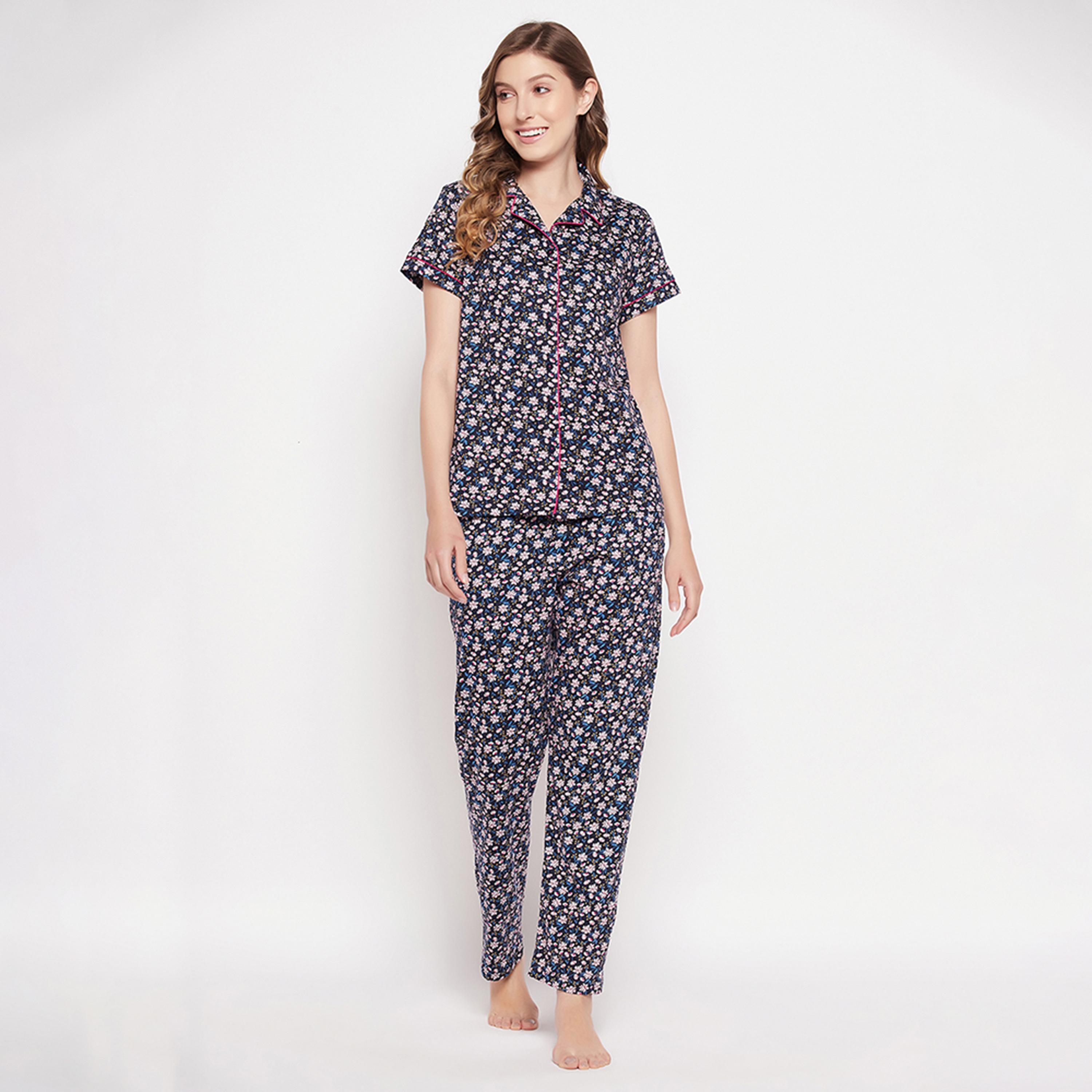 طقم قميص وبيجامة بأزرار "بريتي فلورالز" - 100% قطن كحلي من كلوفيا-women-clothing-nightwear-pyjamas-longsets-image-3