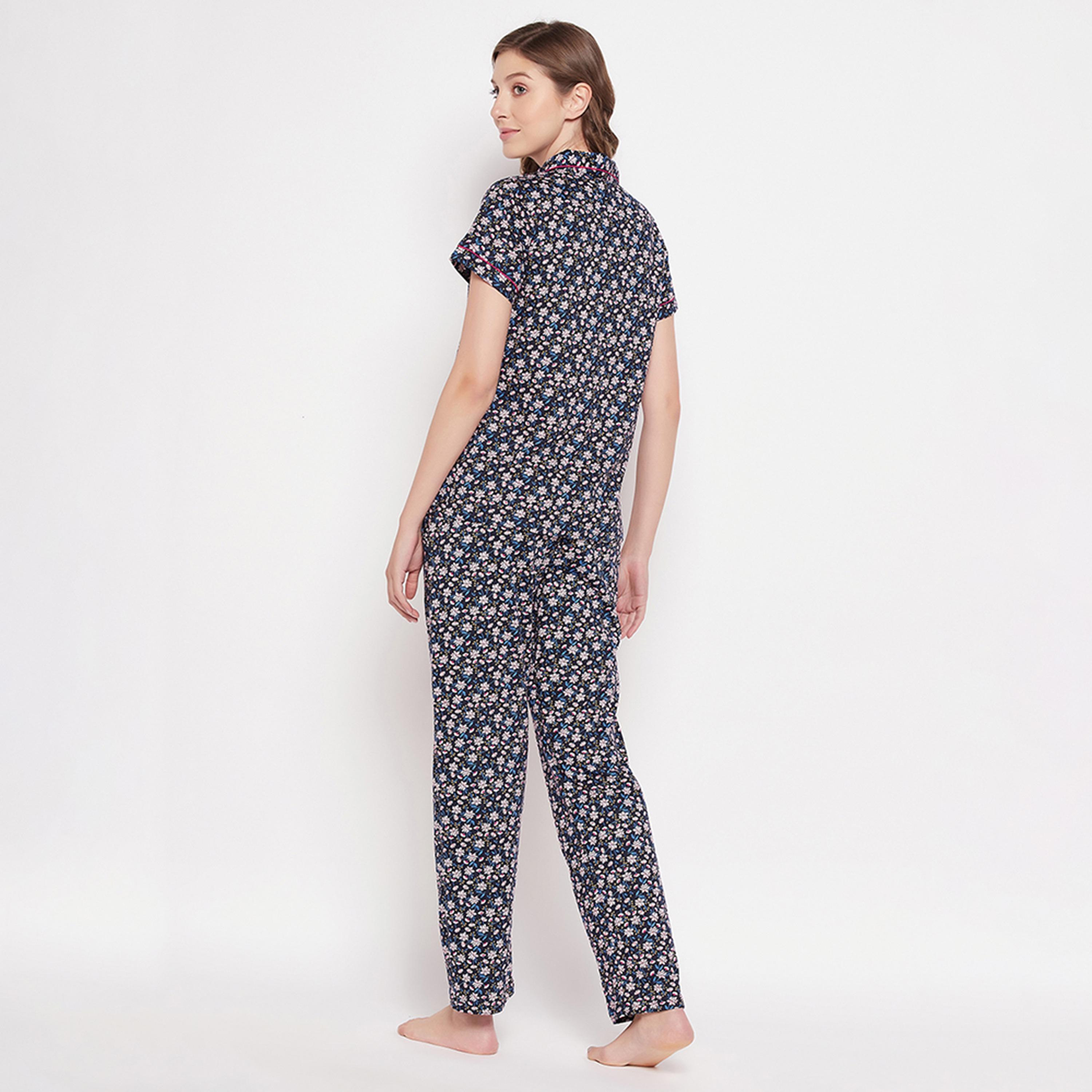 طقم قميص وبيجامة بأزرار "بريتي فلورالز" - 100% قطن كحلي من كلوفيا-women-clothing-nightwear-pyjamas-longsets-image-4