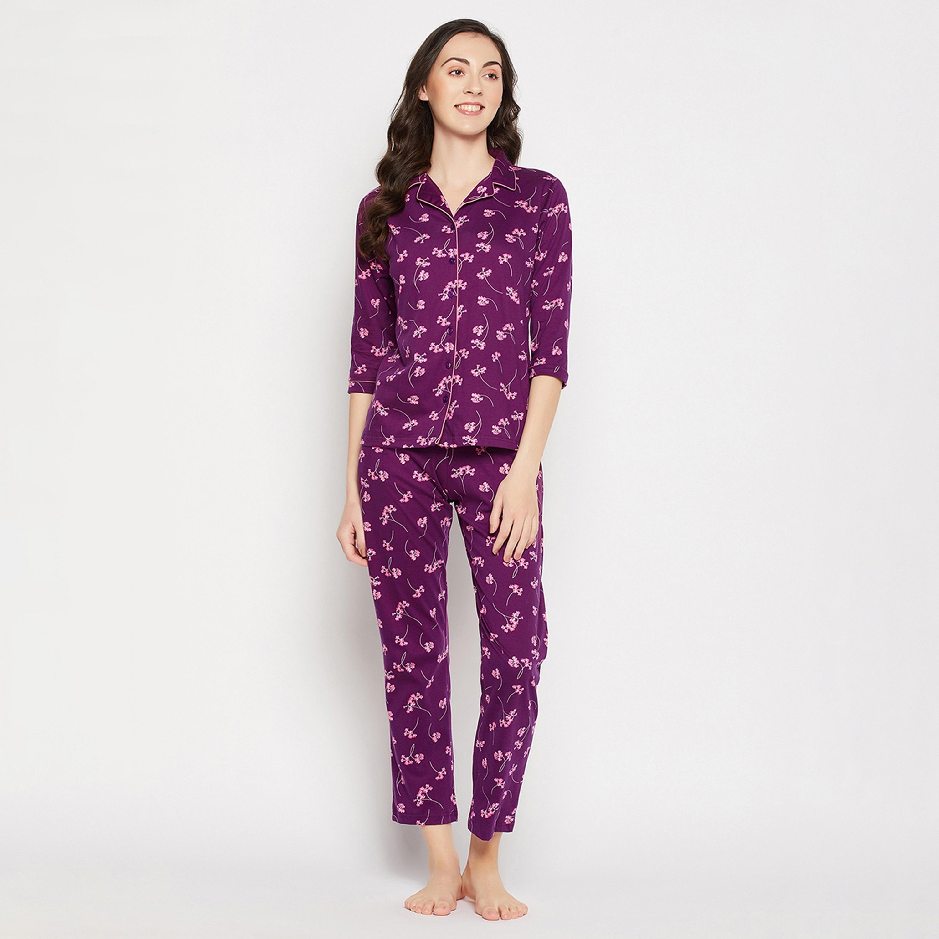 Clovia Pretty Florals Button Down Women's Shirt & Pyjama Set in Wine Colour - Pure Cotton-women-clothing-nightwear-pyjamas-longsets-image-1