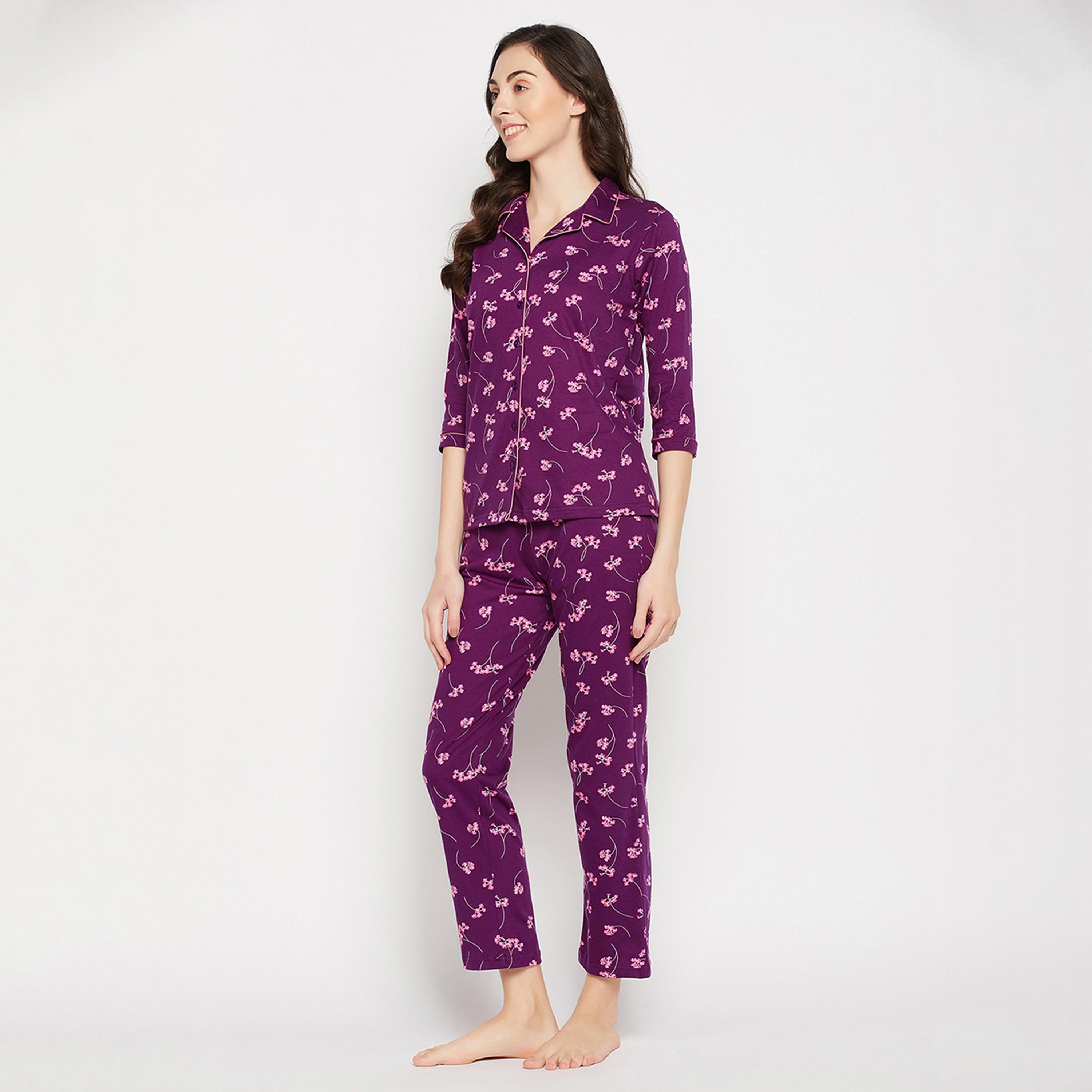 Clovia Pretty Florals Button Down Women's Shirt & Pyjama Set in Wine Colour - Pure Cotton-women-clothing-nightwear-pyjamas-longsets-image-2