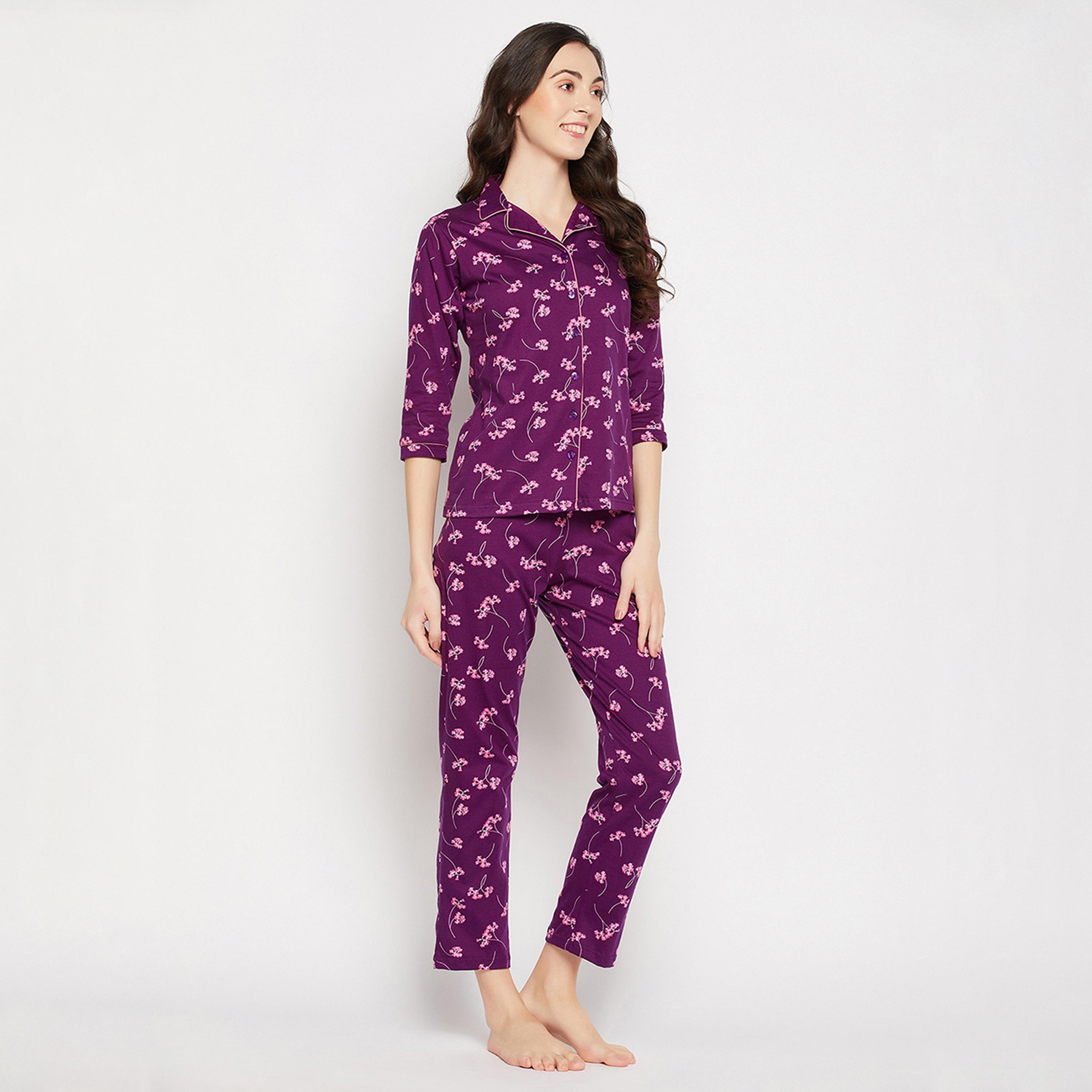 Clovia Pretty Florals Button Down Women's Shirt & Pyjama Set in Wine Colour - Pure Cotton-women-clothing-nightwear-pyjamas-longsets-image-3