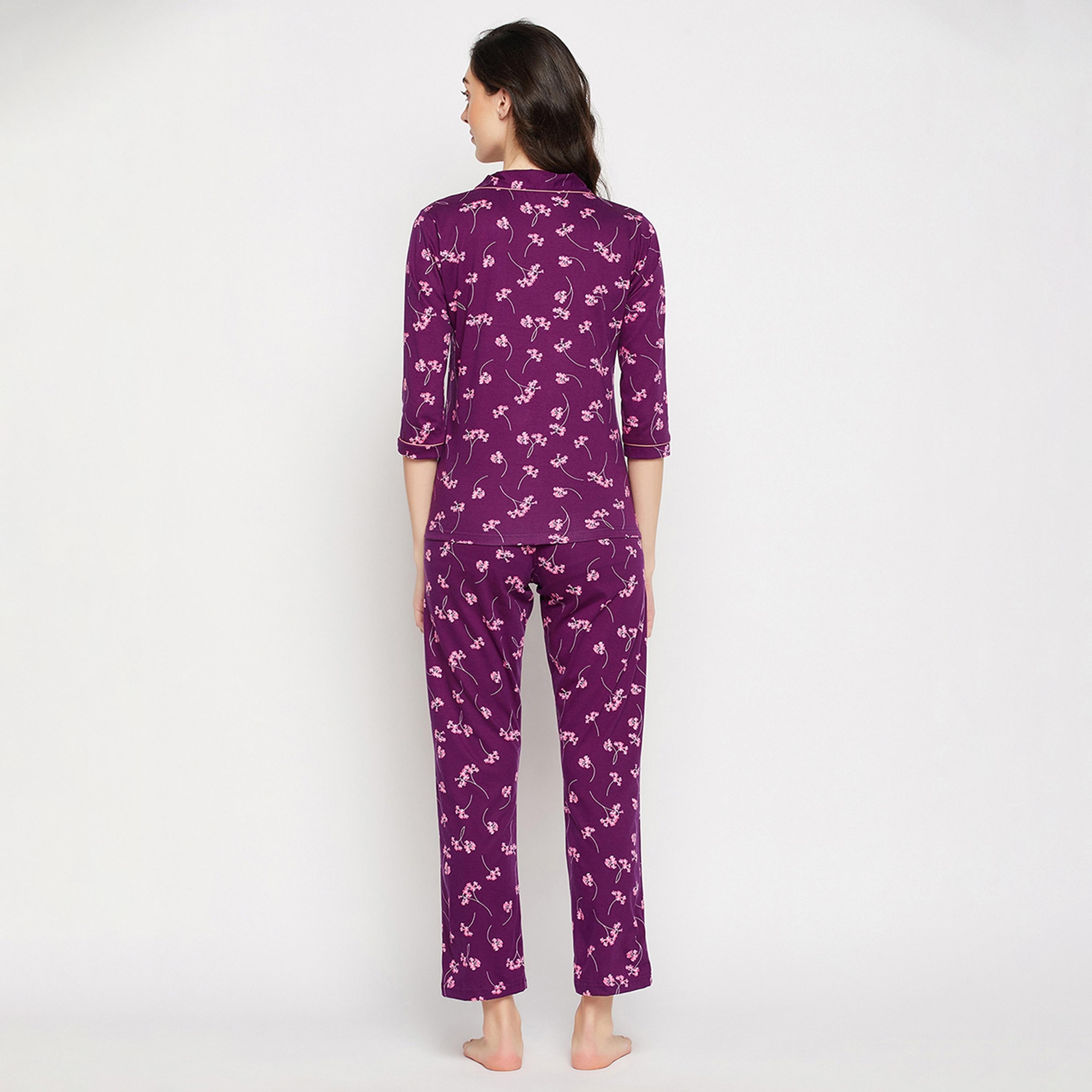 Clovia Pretty Florals Button Down Women's Shirt & Pyjama Set in Wine Colour - Pure Cotton-women-clothing-nightwear-pyjamas-longsets-image-4