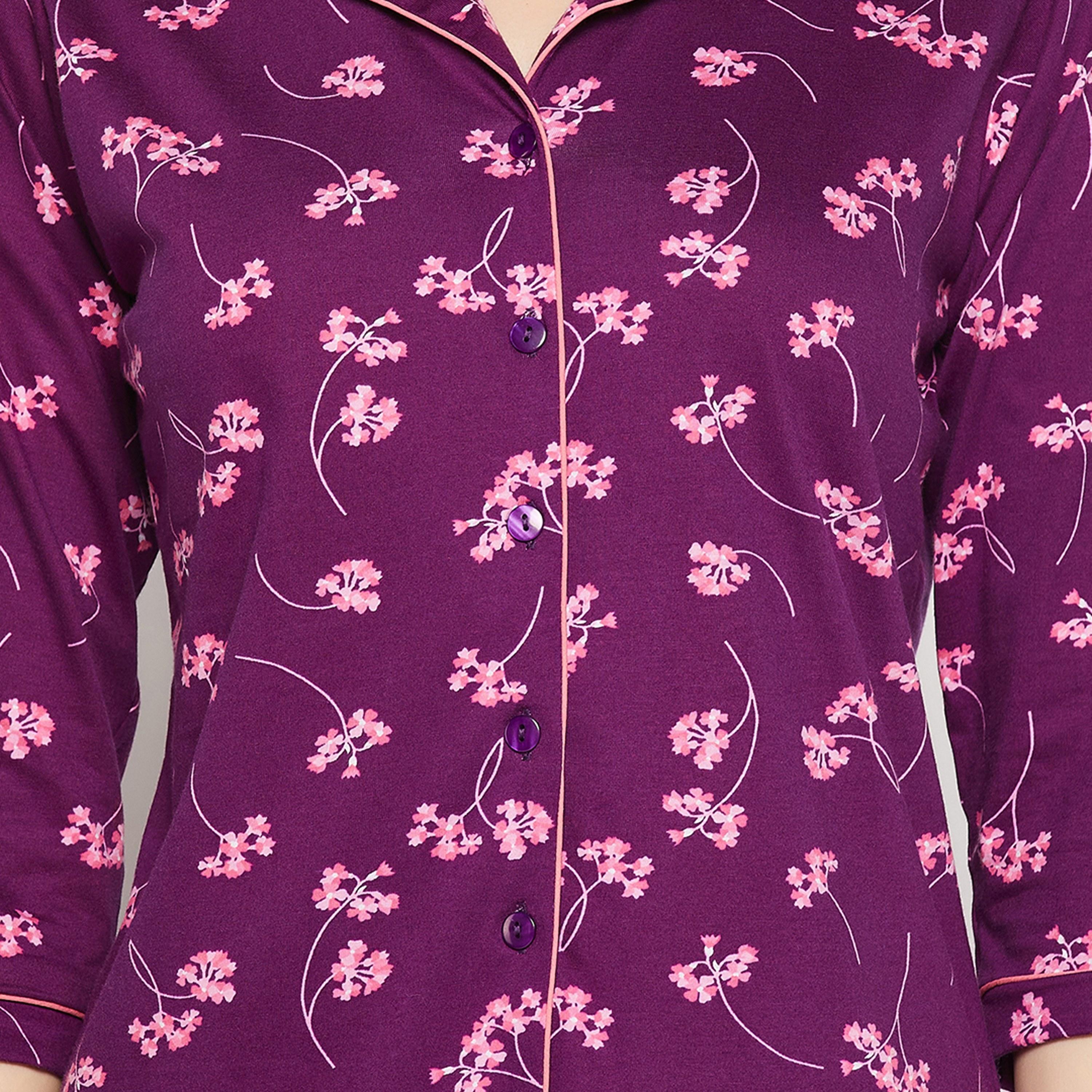 Clovia Pretty Florals Button Down Women's Shirt & Pyjama Set in Wine Colour - Pure Cotton-women-clothing-nightwear-pyjamas-longsets-image-5