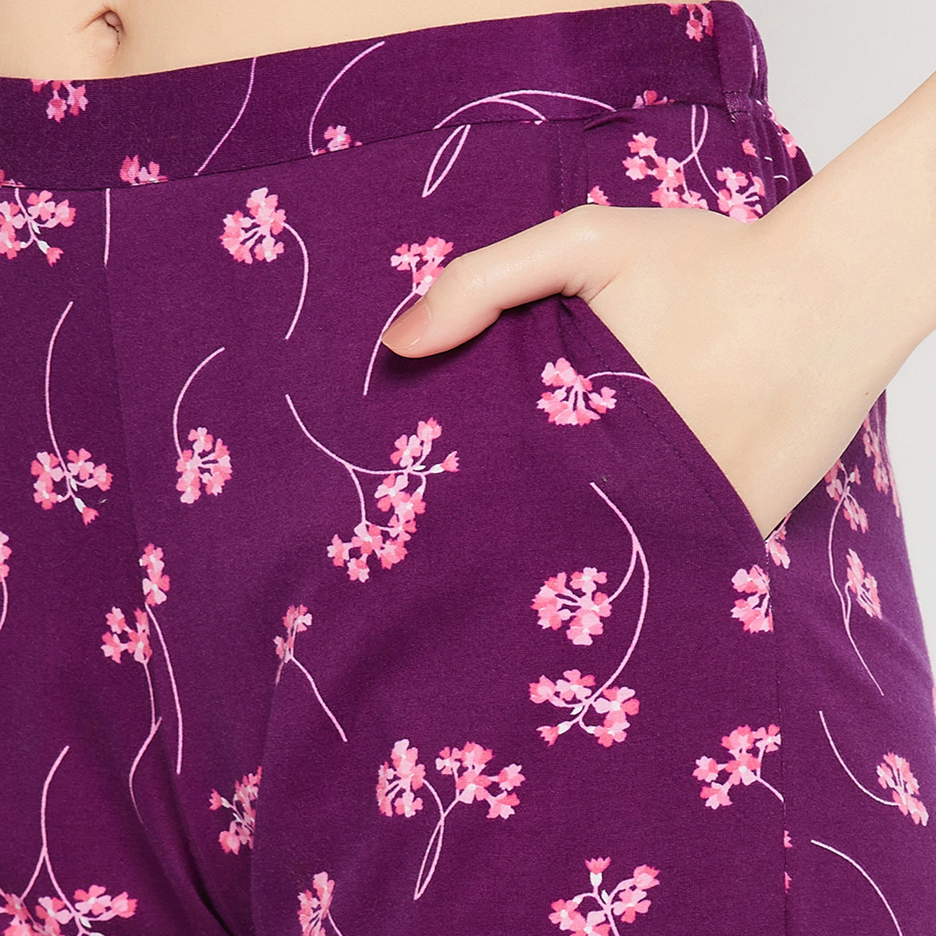 Clovia Pretty Florals Button Down Women's Shirt & Pyjama Set in Wine Colour - Pure Cotton-women-clothing-nightwear-pyjamas-longsets-image-6