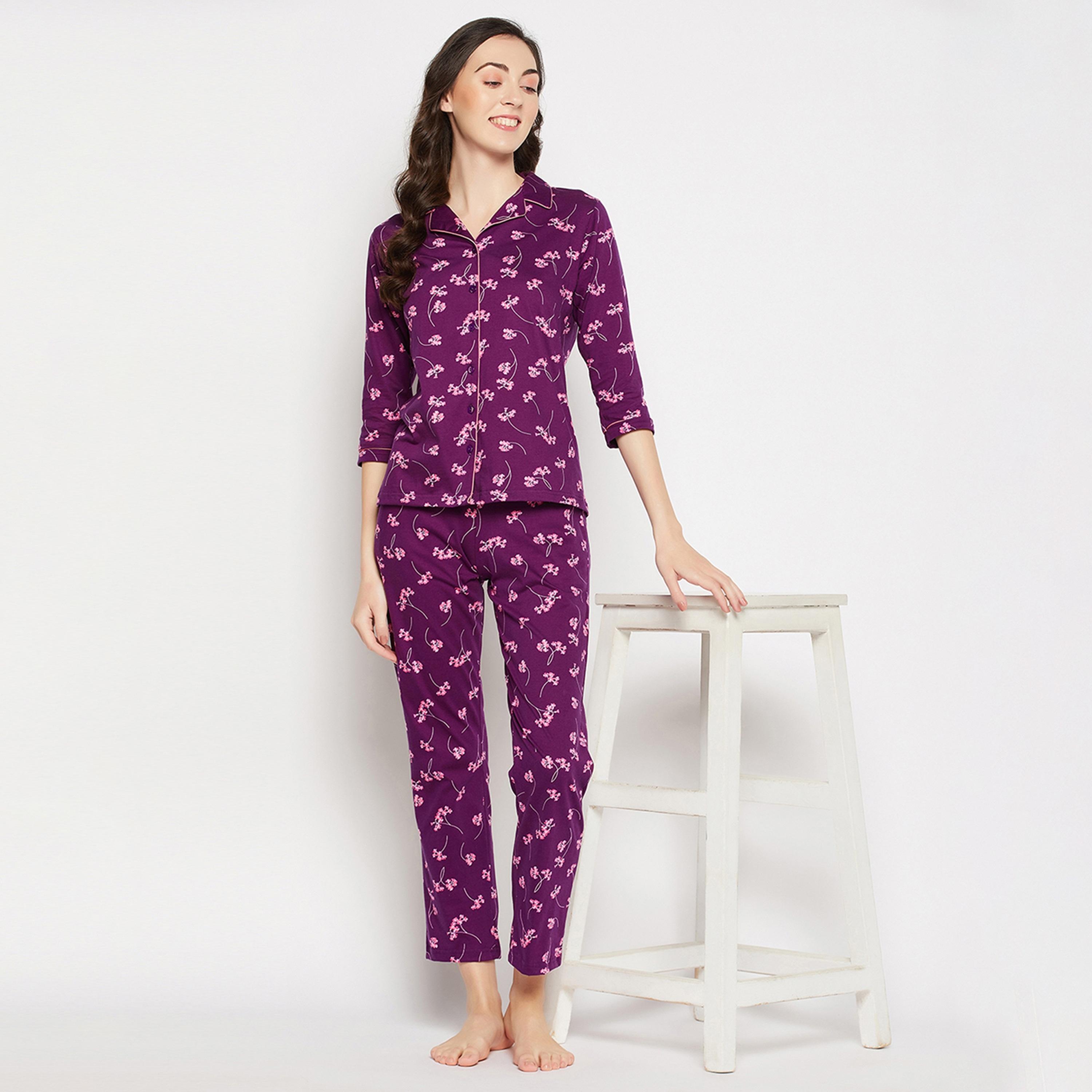 Clovia Pretty Florals Button Down Women's Shirt & Pyjama Set in Wine Colour - Pure Cotton-women-clothing-nightwear-pyjamas-longsets-image-7