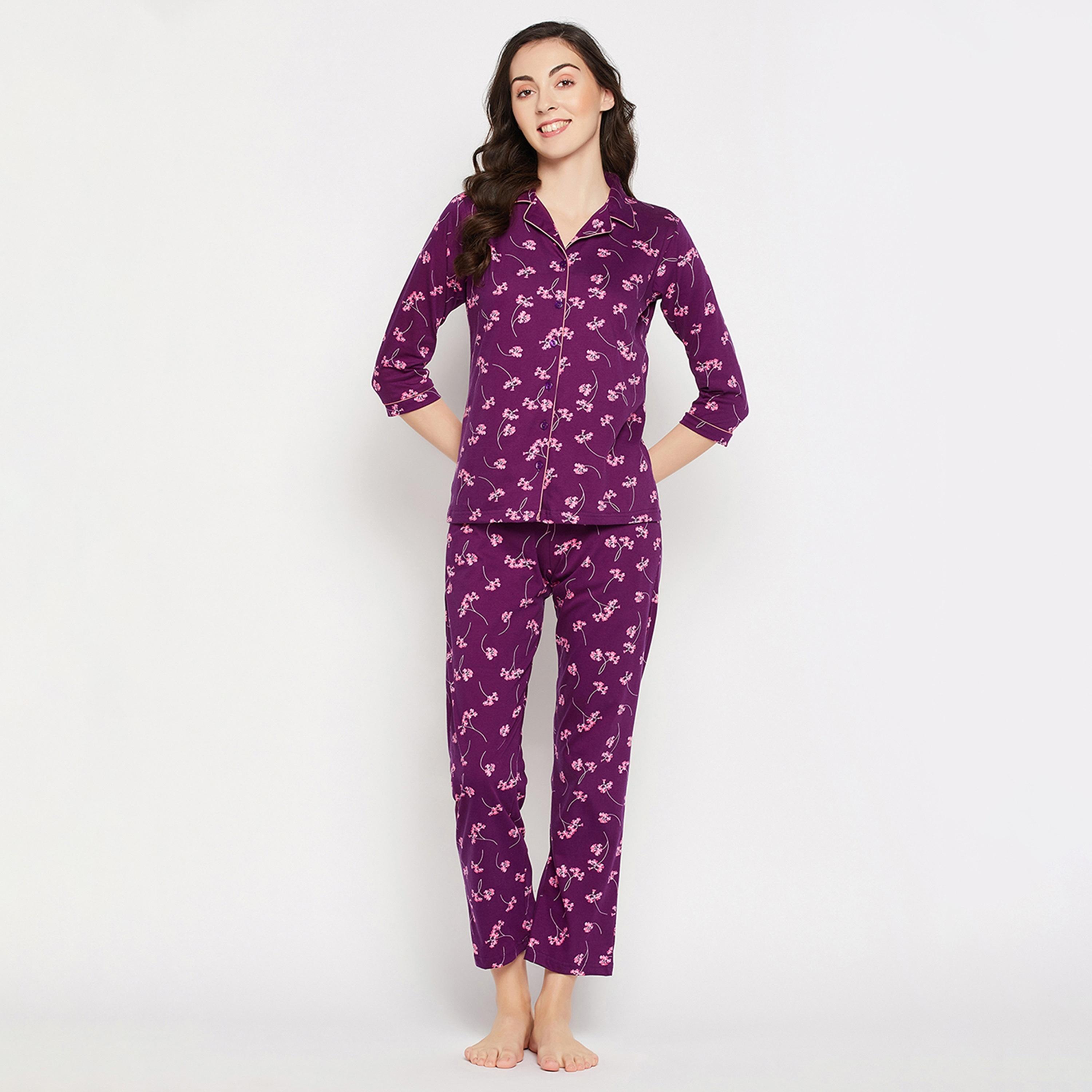 Clovia Pretty Florals Button Down Women's Shirt & Pyjama Set in Wine Colour - Pure Cotton-women-clothing-nightwear-pyjamas-longsets-image-8