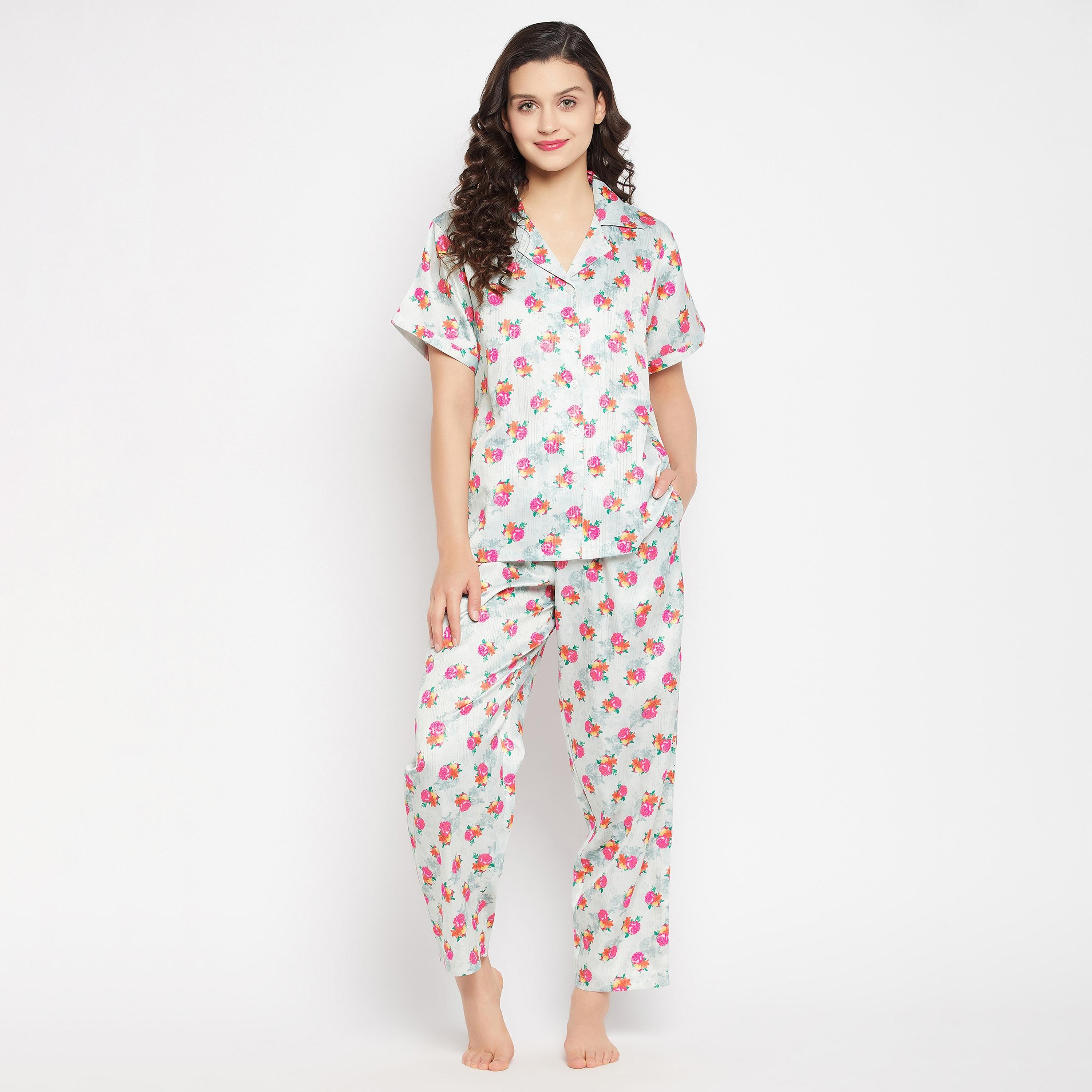 Clovia Pretty Florals Button Down Women's Shirt & Pyjama Set in Light Grey - Satin-women-clothing-nightwear-pyjamas-longsets-image-1