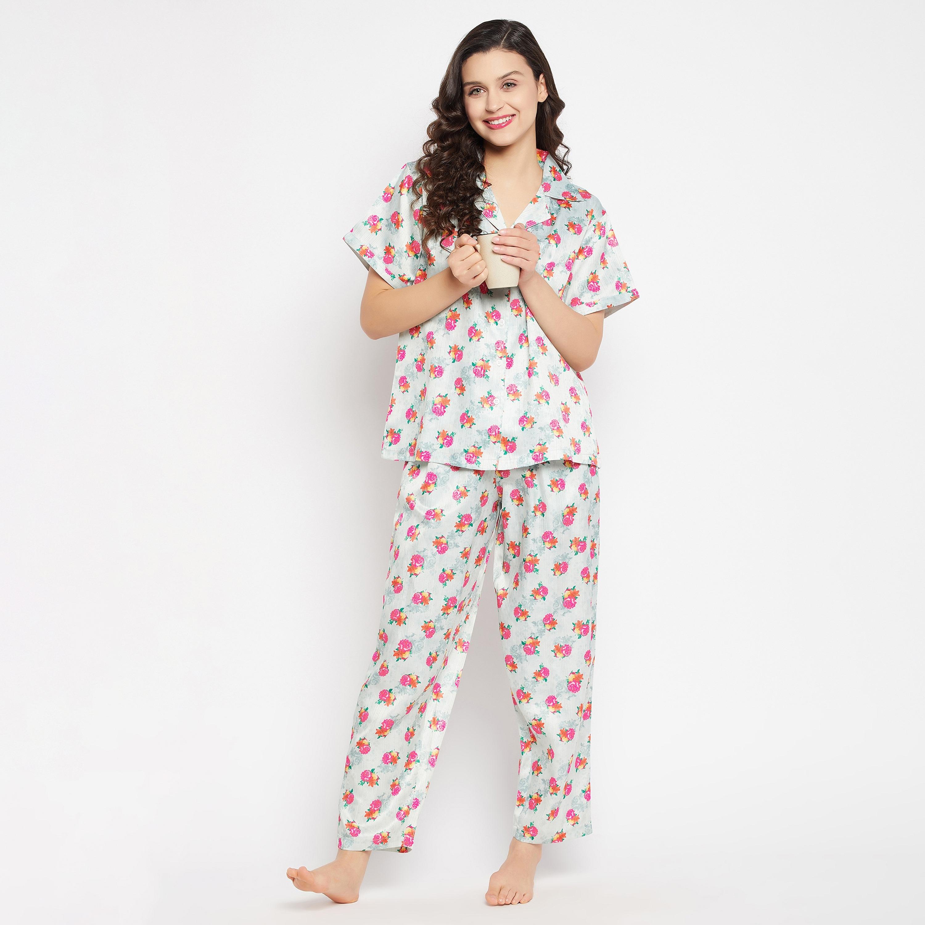 Clovia Pretty Florals Button Down Women's Shirt & Pyjama Set in Light Grey - Satin-women-clothing-nightwear-pyjamas-longsets-image-2