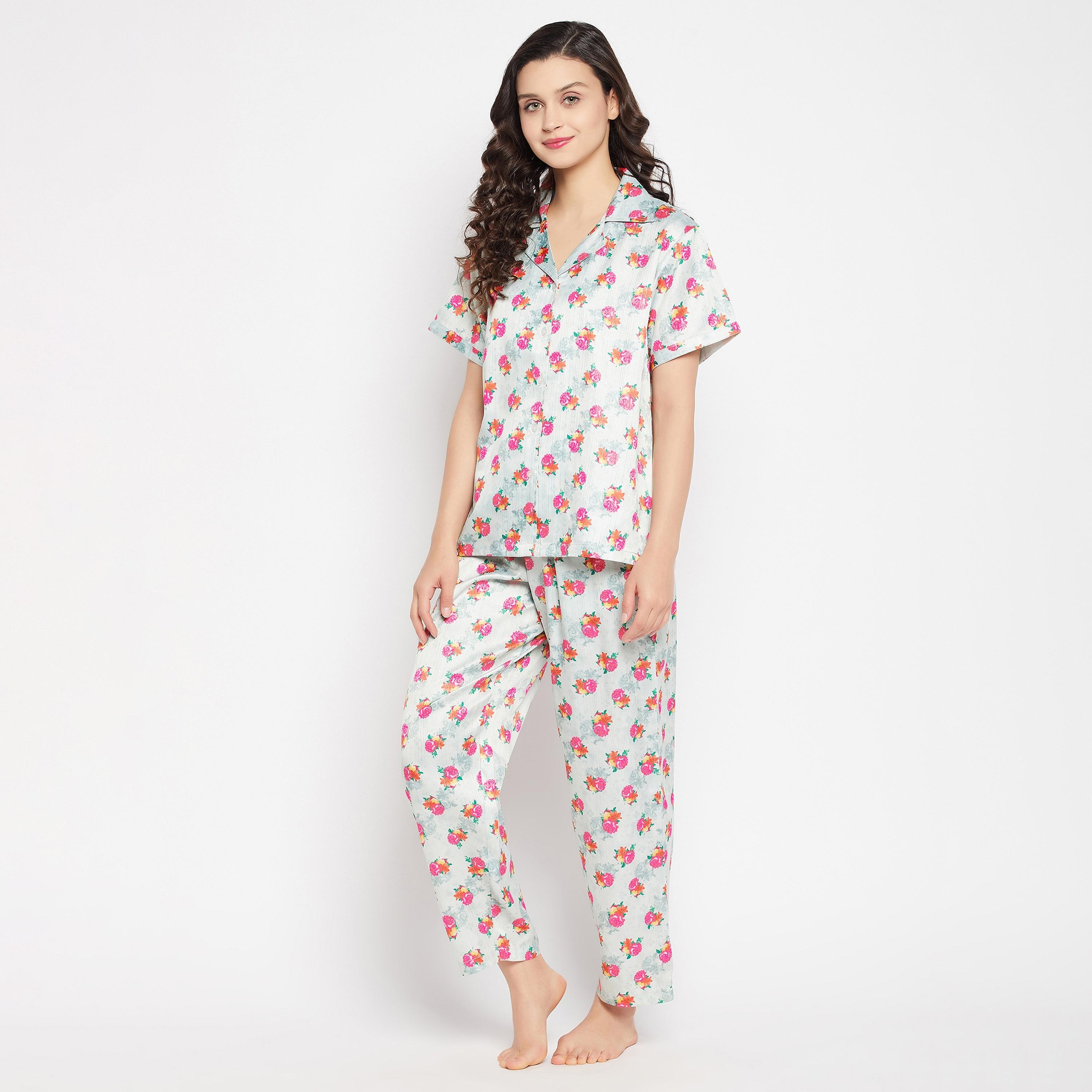 Clovia Pretty Florals Button Down Women's Shirt & Pyjama Set in Light Grey - Satin-women-clothing-nightwear-pyjamas-longsets-image-3