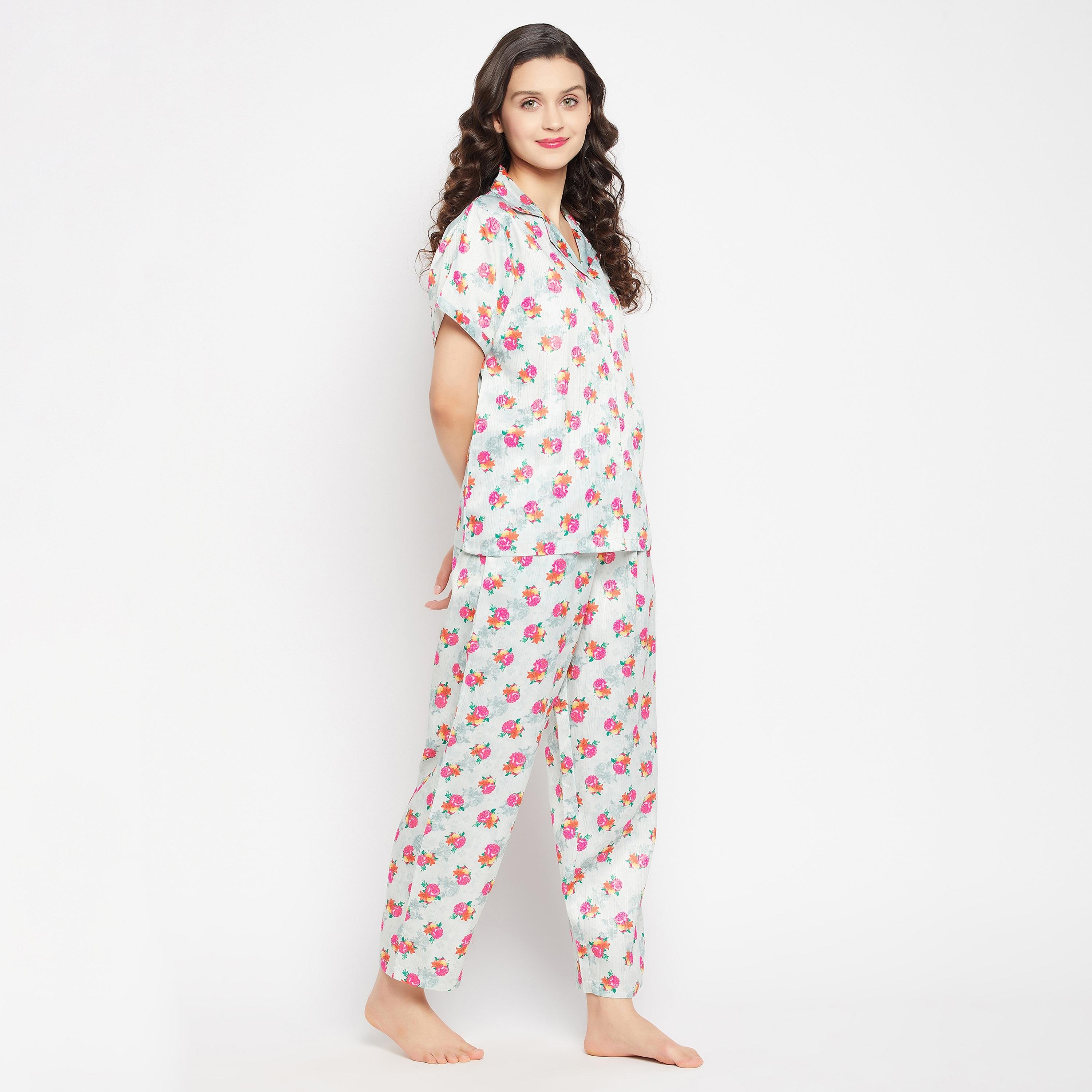 Clovia Pretty Florals Button Down Women's Shirt & Pyjama Set in Light Grey - Satin-women-clothing-nightwear-pyjamas-longsets-image-4