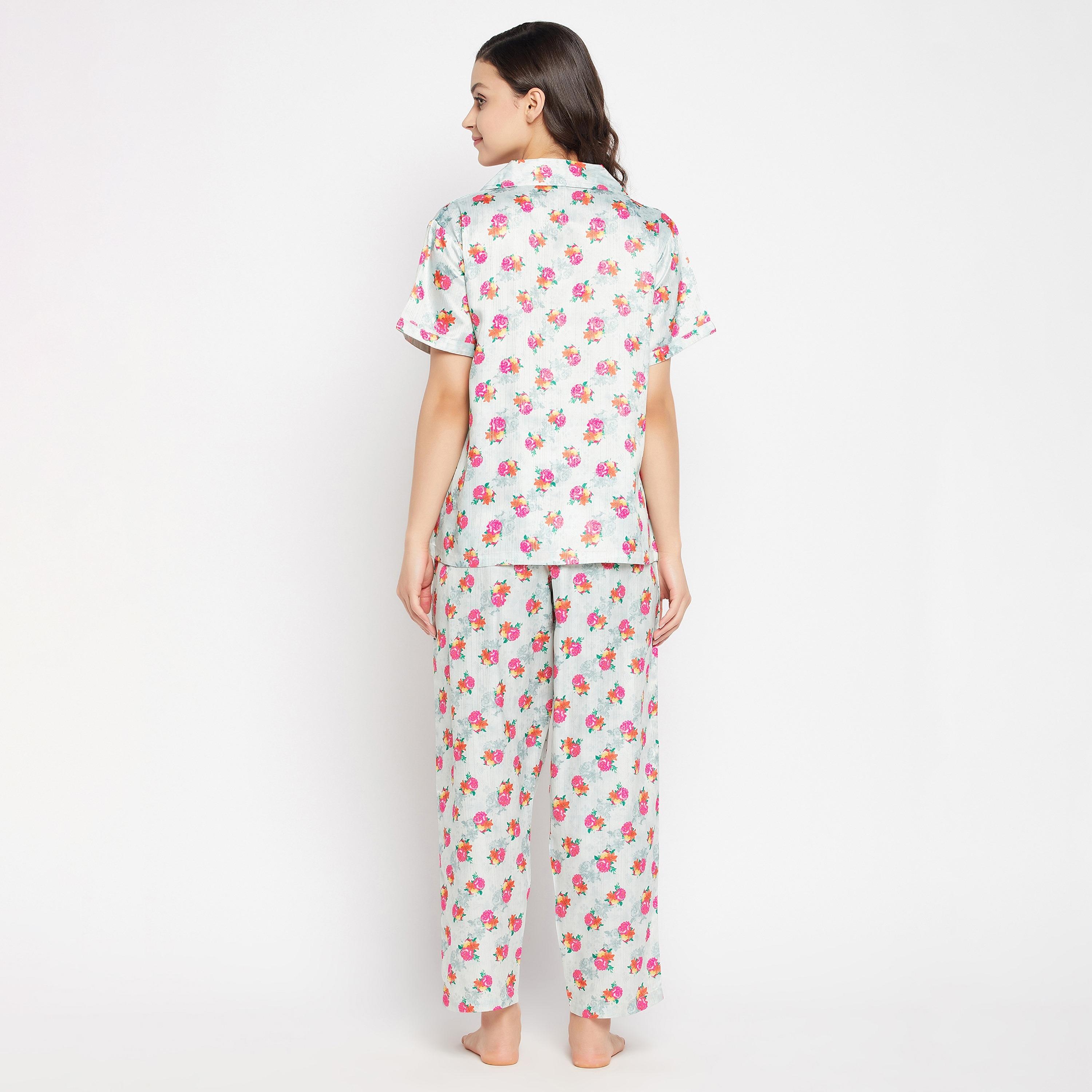 Clovia Pretty Florals Button Down Women's Shirt & Pyjama Set in Light Grey - Satin-women-clothing-nightwear-pyjamas-longsets-image-5