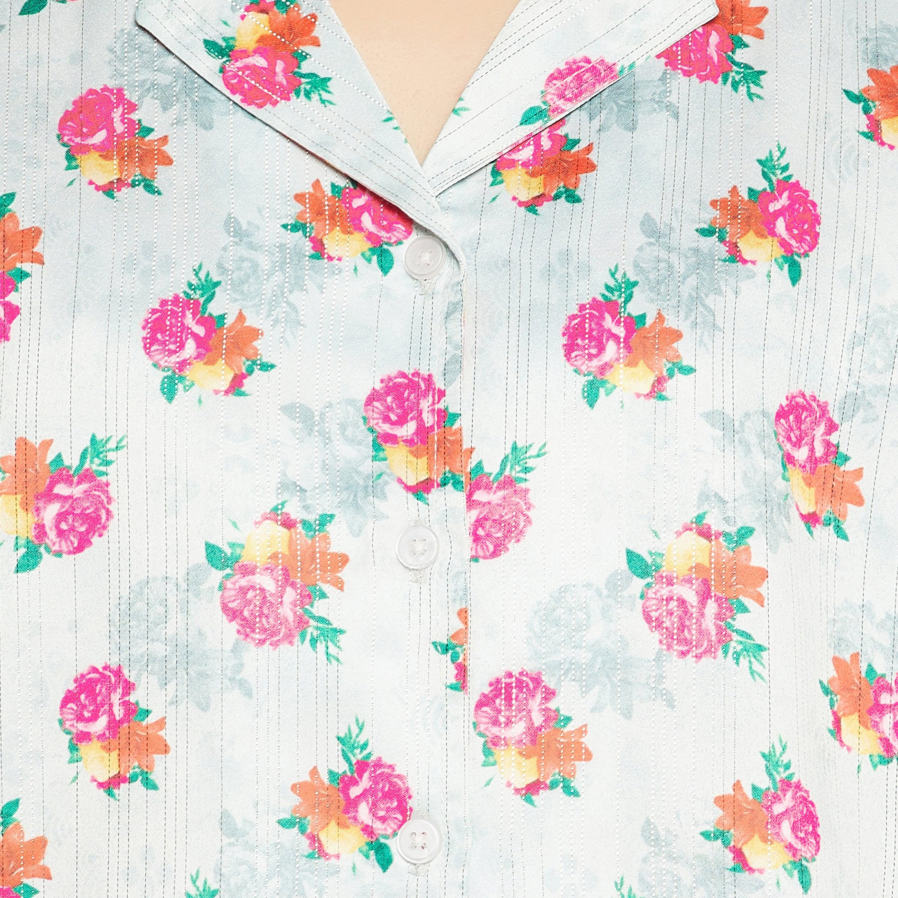 Clovia Pretty Florals Button Down Women's Shirt & Pyjama Set in Light Grey - Satin-women-clothing-nightwear-pyjamas-longsets-image-6