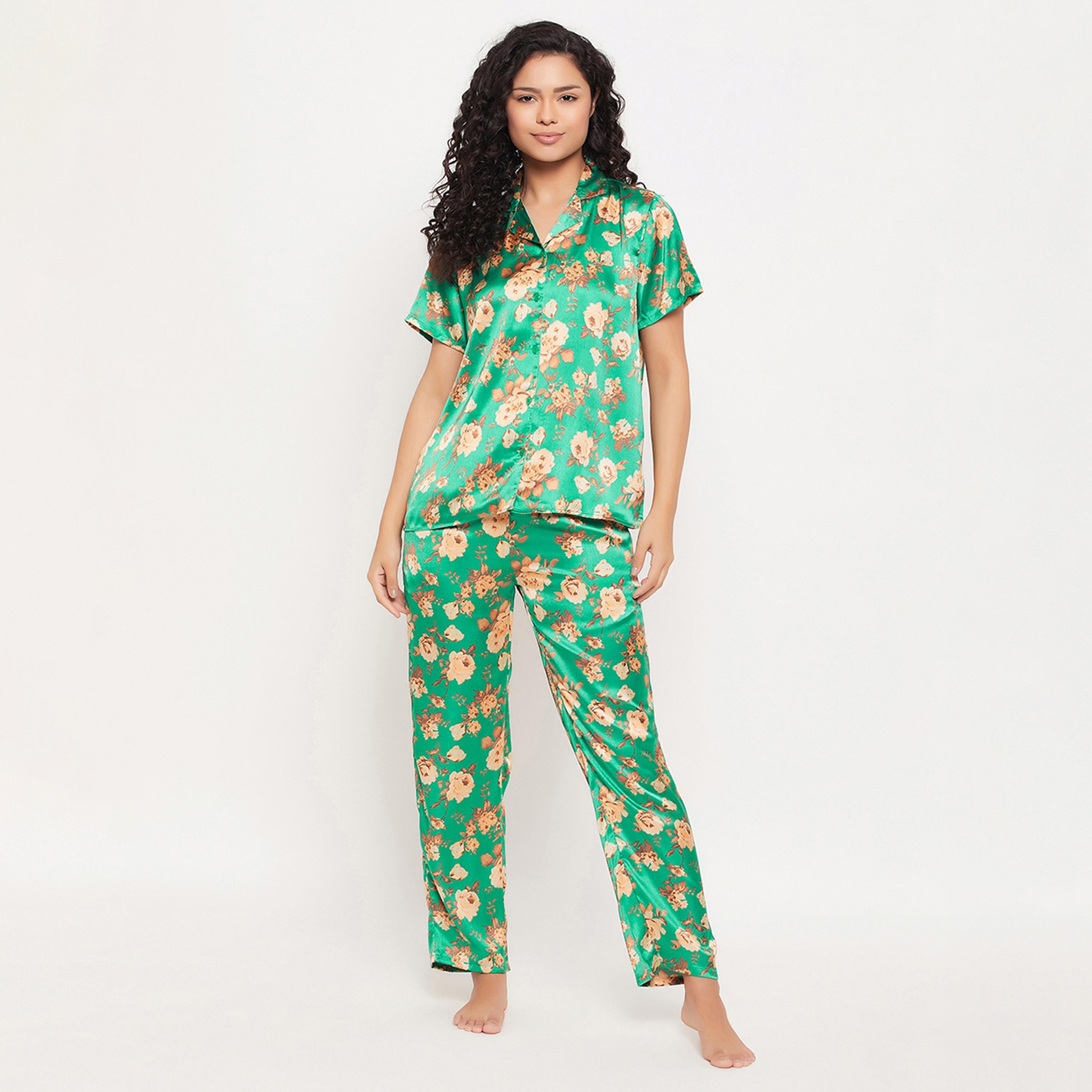 Clovia Pretty Florals Button Down Women's Shirt & Pyjama Set in Sea Green - Satin-women-clothing-nightwear-pyjamas-longsets-image-1
