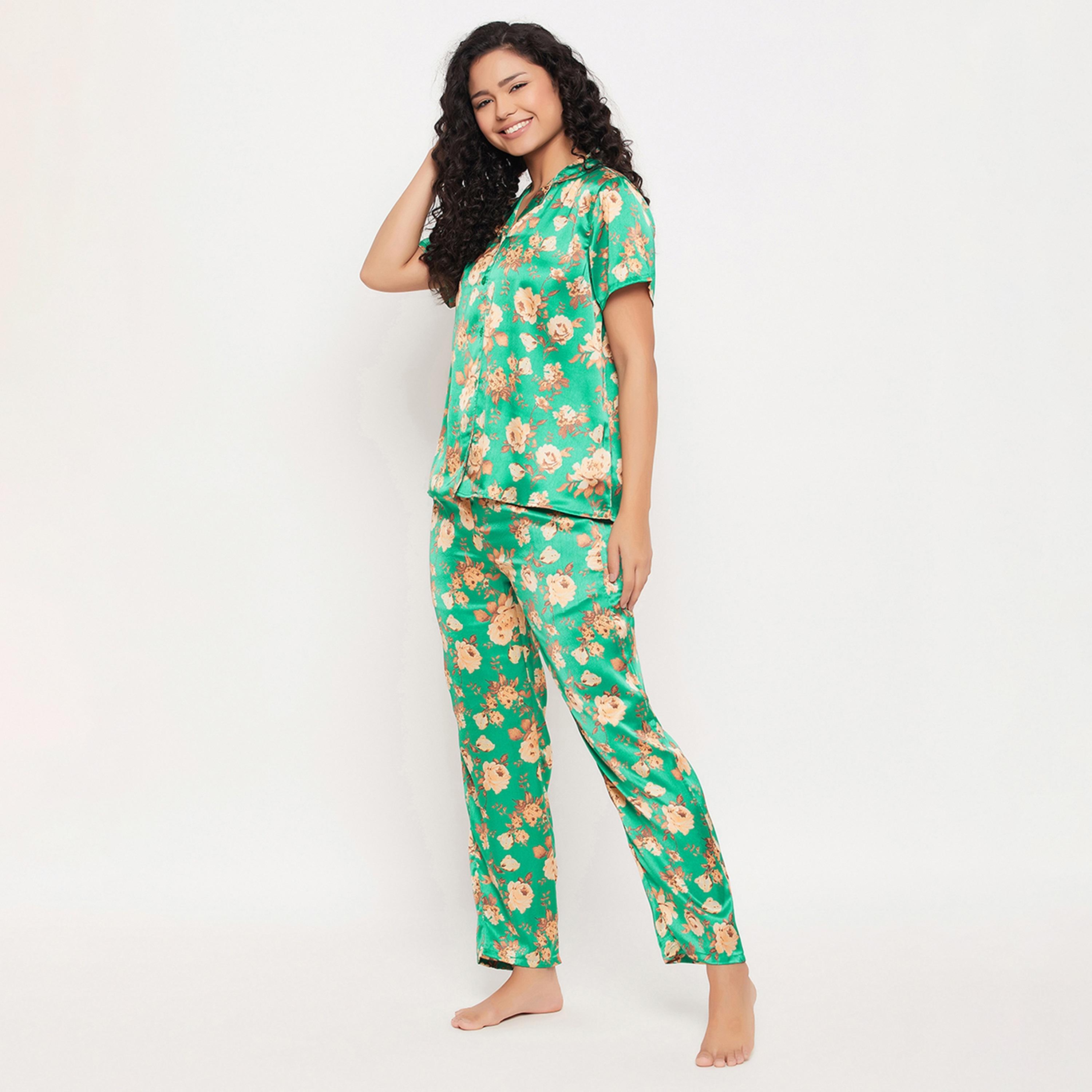 Clovia Pretty Florals Button Down Women's Shirt & Pyjama Set in Sea Green - Satin-women-clothing-nightwear-pyjamas-longsets-image-2