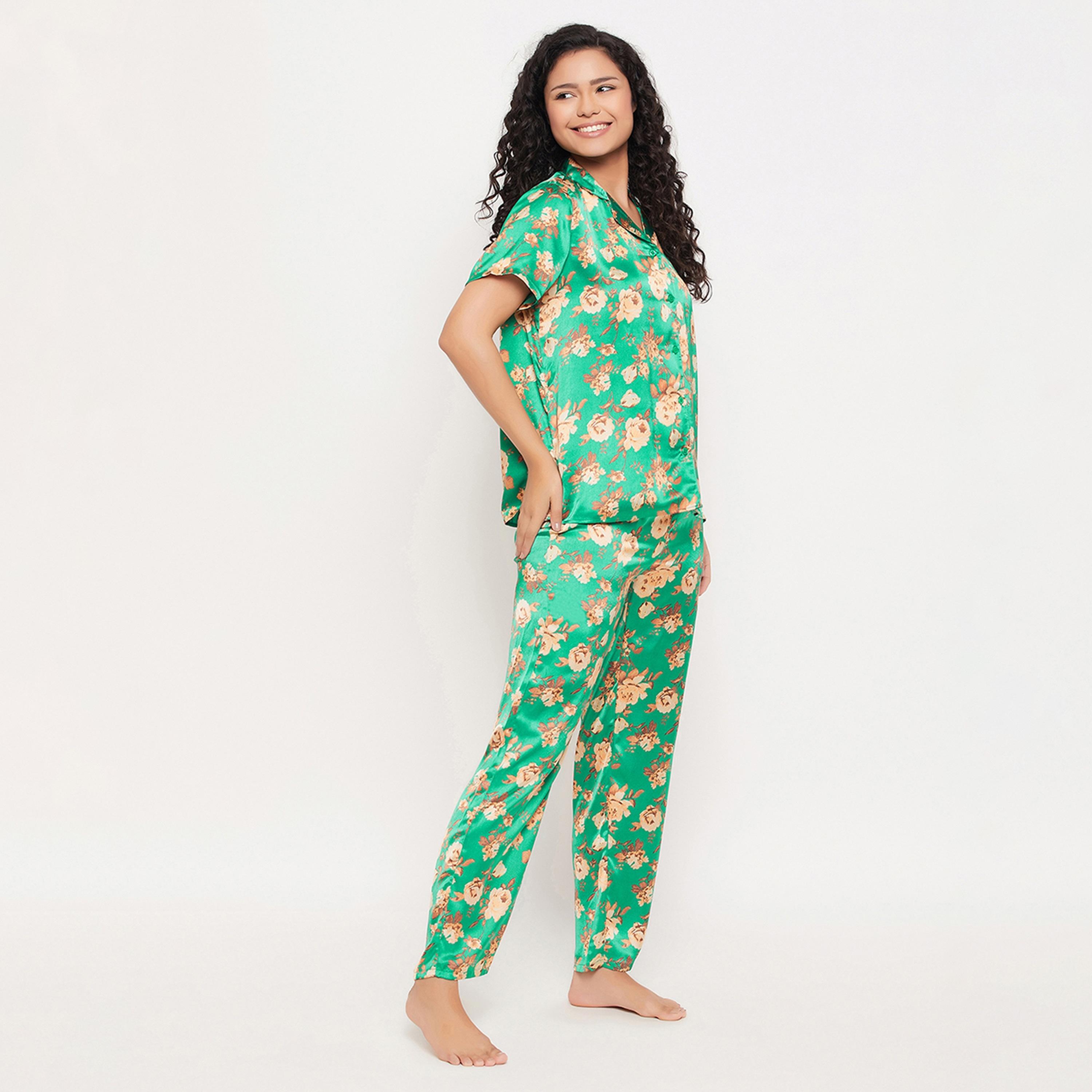 طقم قميص وبيجامة نسائي بأزرار بريتي فلورالز باللون الأخضر البحري من كلوفيا - ساتان-women-clothing-nightwear-pyjamas-longsets-image-3