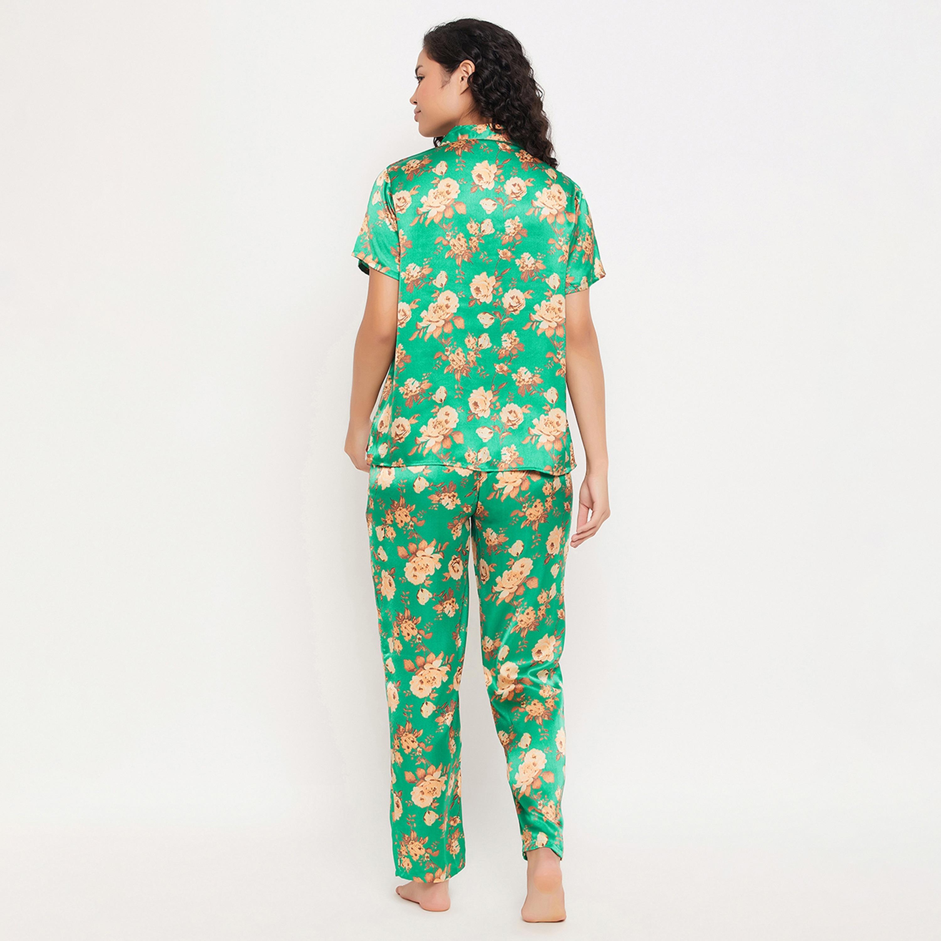 طقم قميص وبيجامة نسائي بأزرار بريتي فلورالز باللون الأخضر البحري من كلوفيا - ساتان-women-clothing-nightwear-pyjamas-longsets-image-4