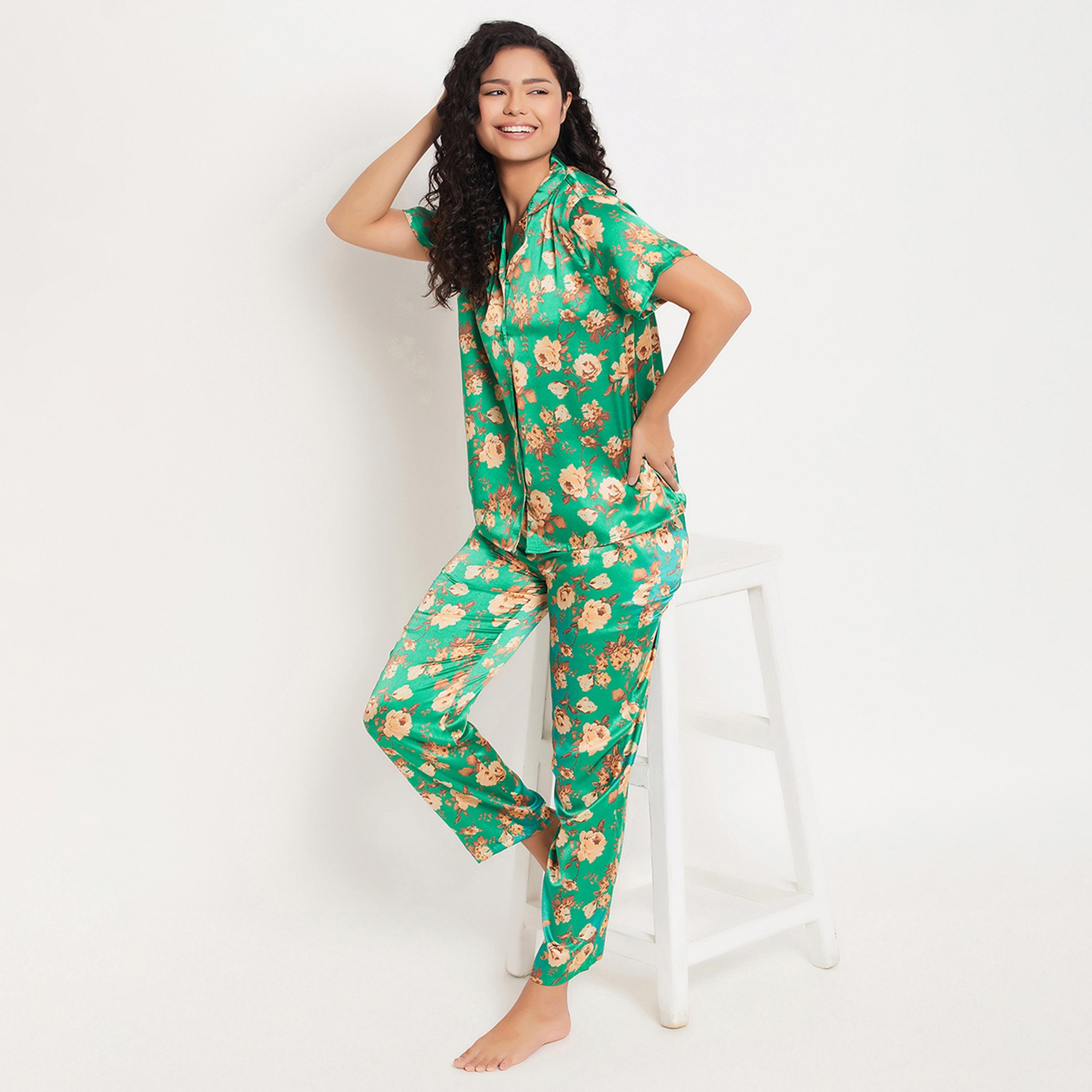 طقم قميص وبيجامة نسائي بأزرار بريتي فلورالز باللون الأخضر البحري من كلوفيا - ساتان-women-clothing-nightwear-pyjamas-longsets-image-7