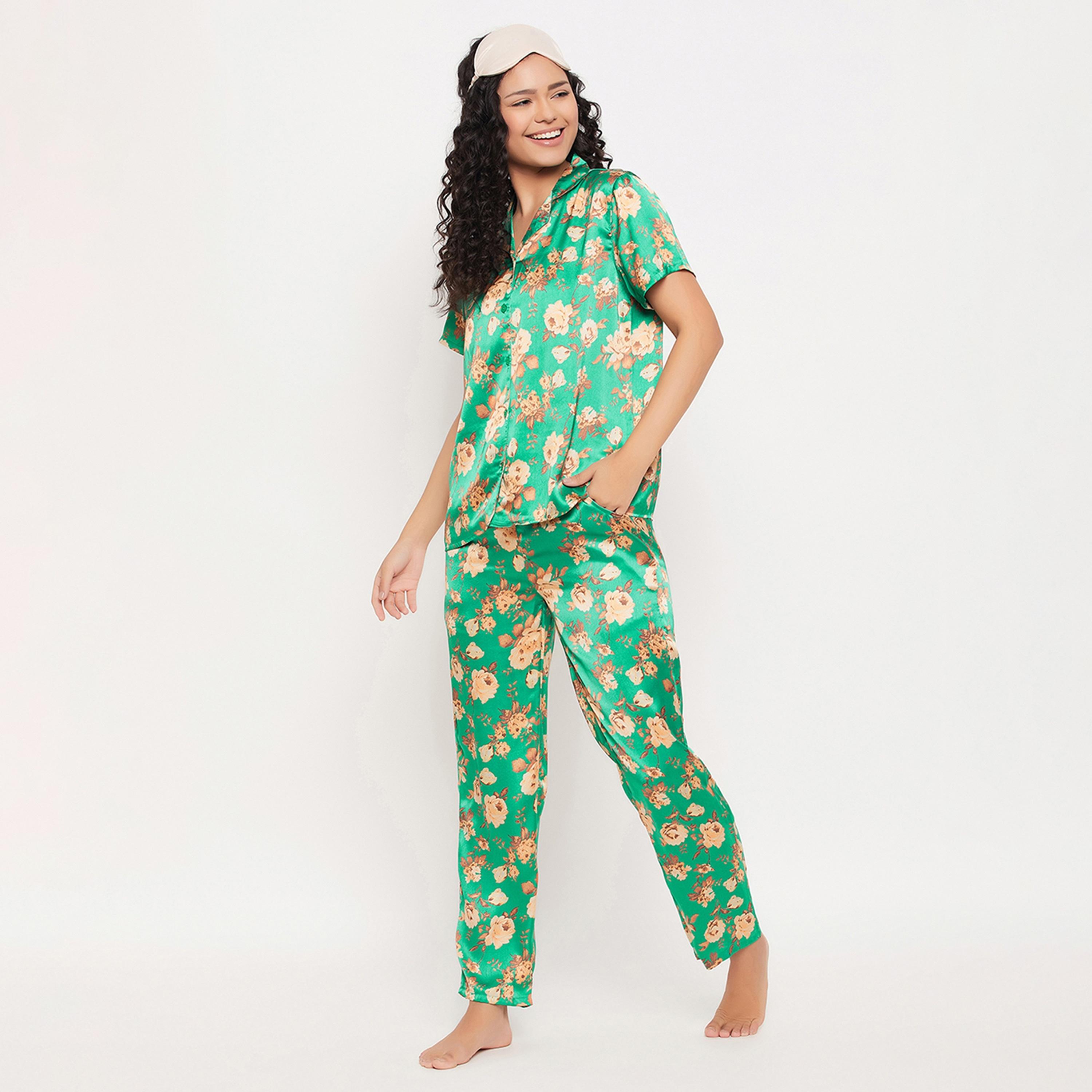 Clovia Pretty Florals Button Down Women's Shirt & Pyjama Set in Sea Green - Satin-women-clothing-nightwear-pyjamas-longsets-image-8