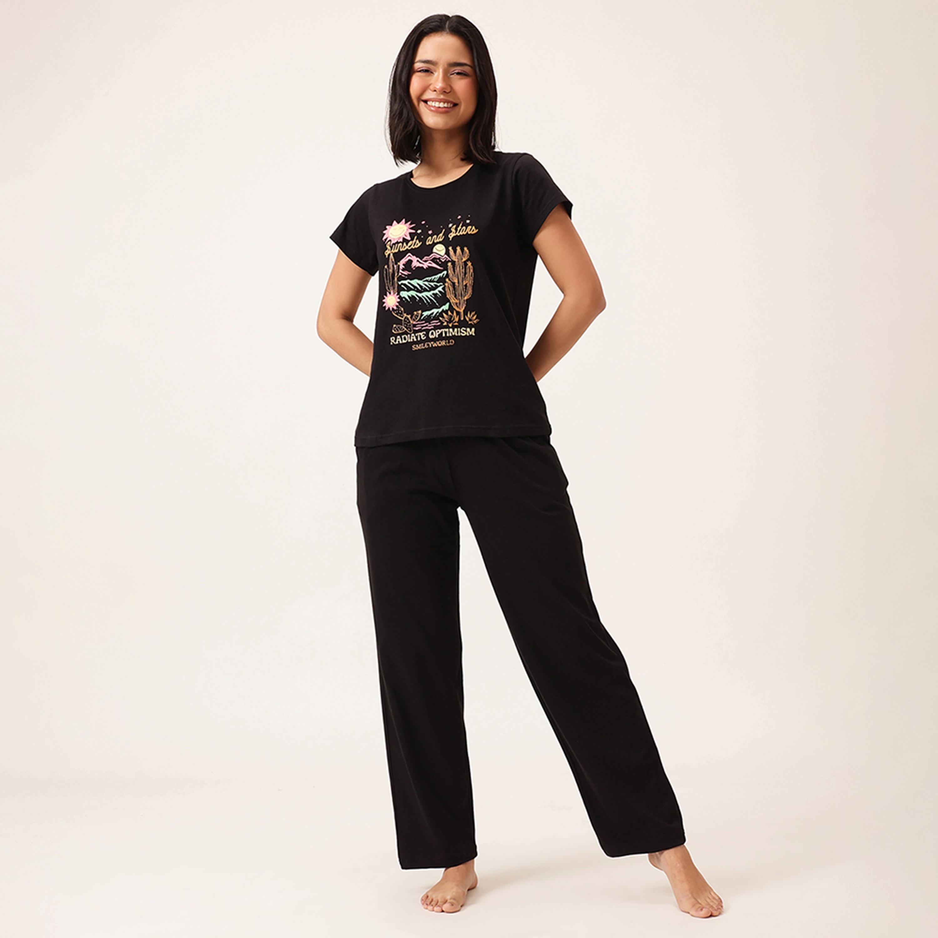 Clovia Graphic & Text Print Women's T-Shirt & Pyjama Set in Black - 100% Cotton-women-clothing-nightwear-pyjamas-longsets-image-1