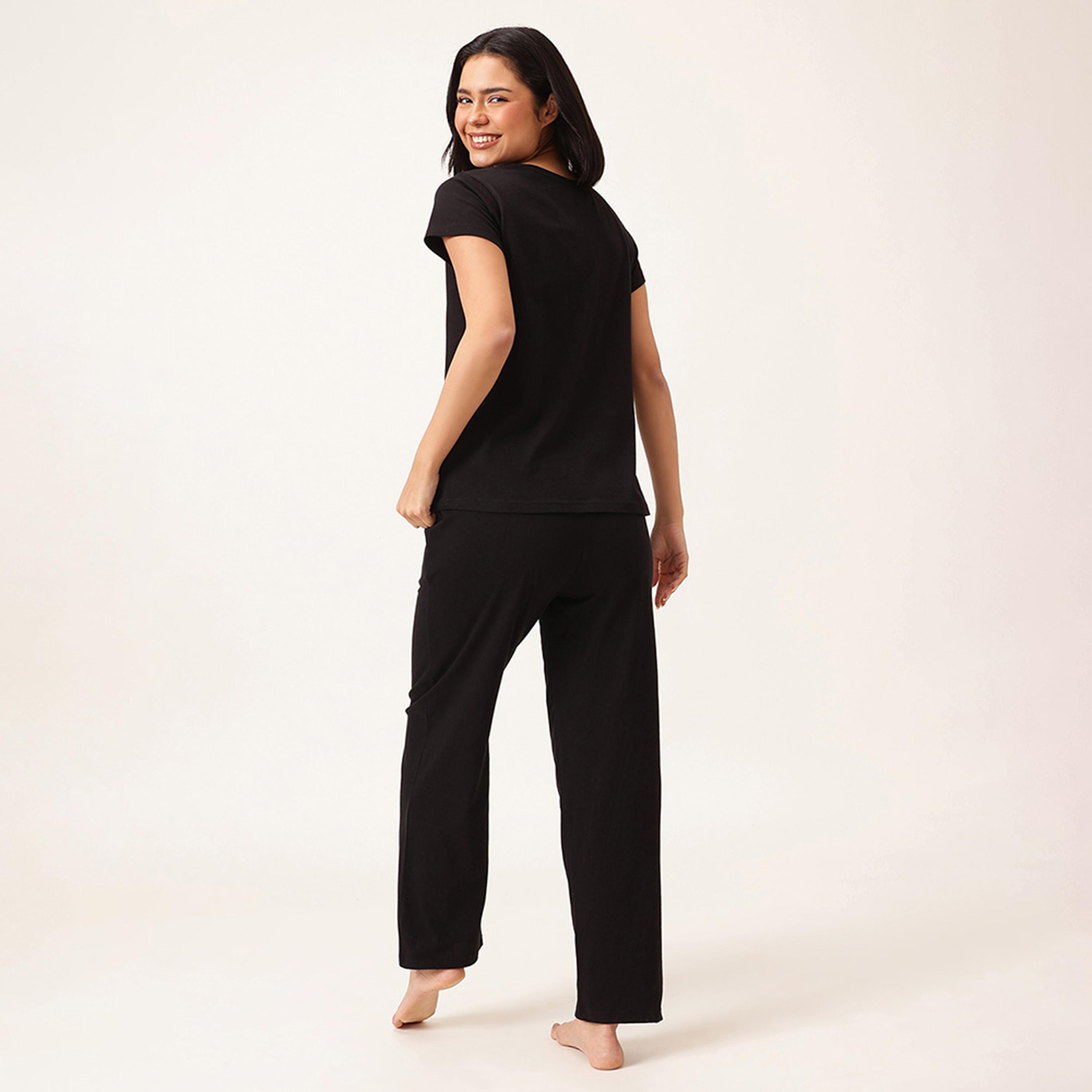 Clovia Graphic & Text Print Women's T-Shirt & Pyjama Set in Black - 100% Cotton-women-clothing-nightwear-pyjamas-longsets-image-4