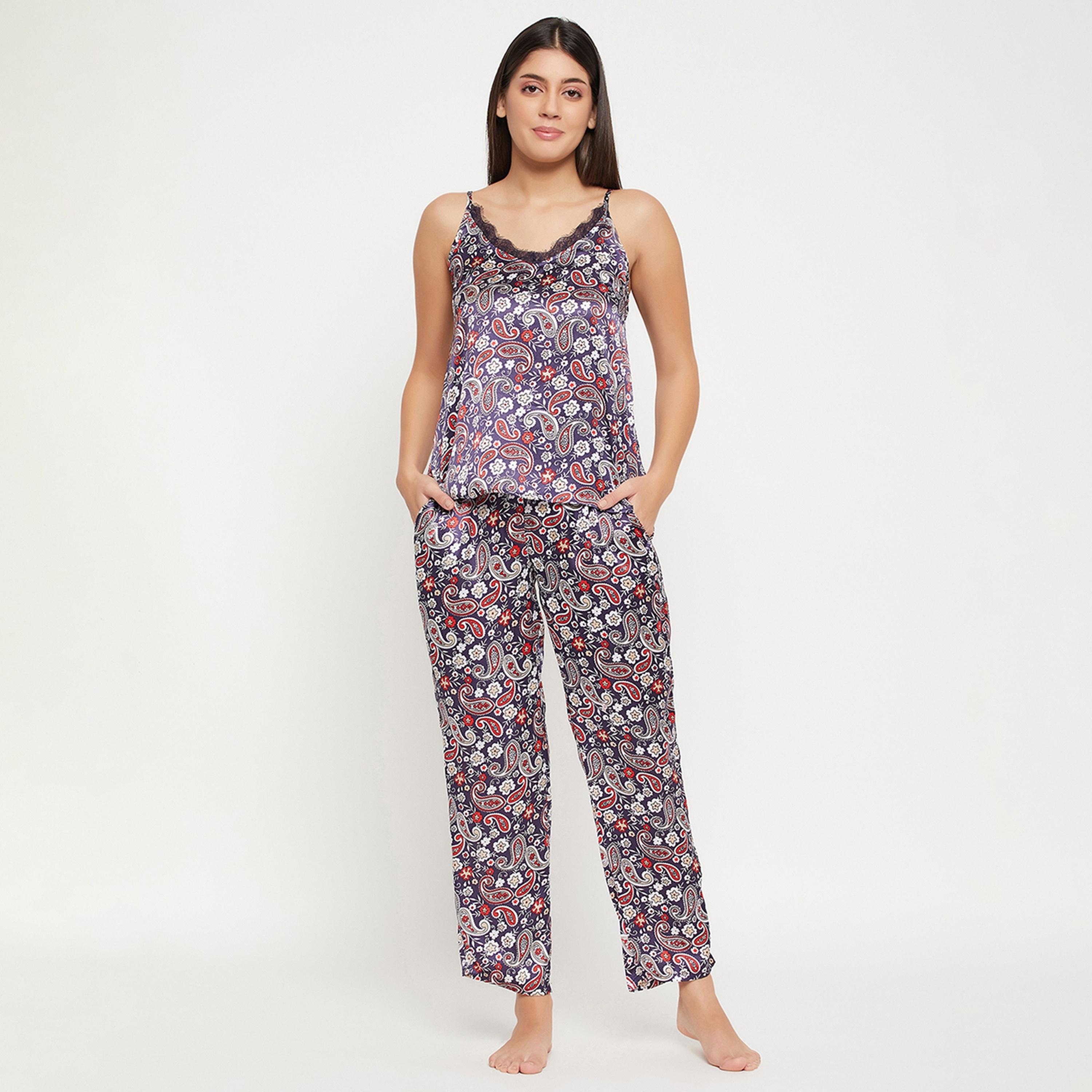 طقم بيجامة وقميص كامي بطبعة بيزلي للنساء باللون الأزرق الداكن من كلوفيا - ساتان-women-clothing-nightwear-pyjamas-longsets-image-1