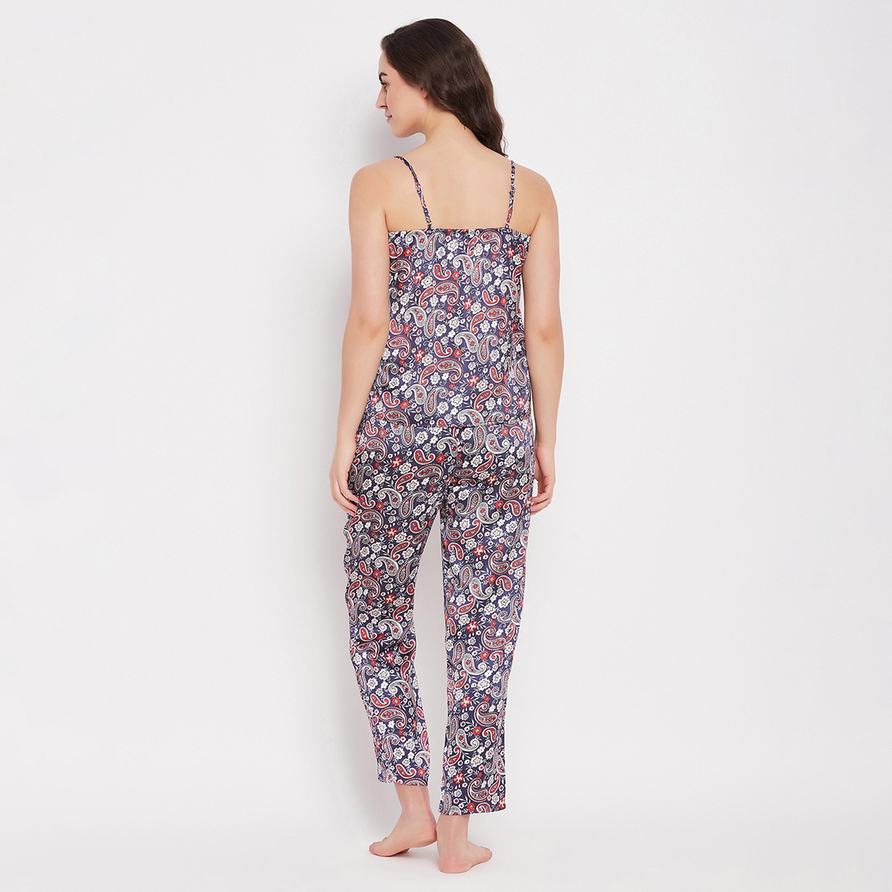 طقم بيجامة وقميص كامي بطبعة بيزلي للنساء باللون الأزرق الداكن من كلوفيا - ساتان-women-clothing-nightwear-pyjamas-longsets-image-4