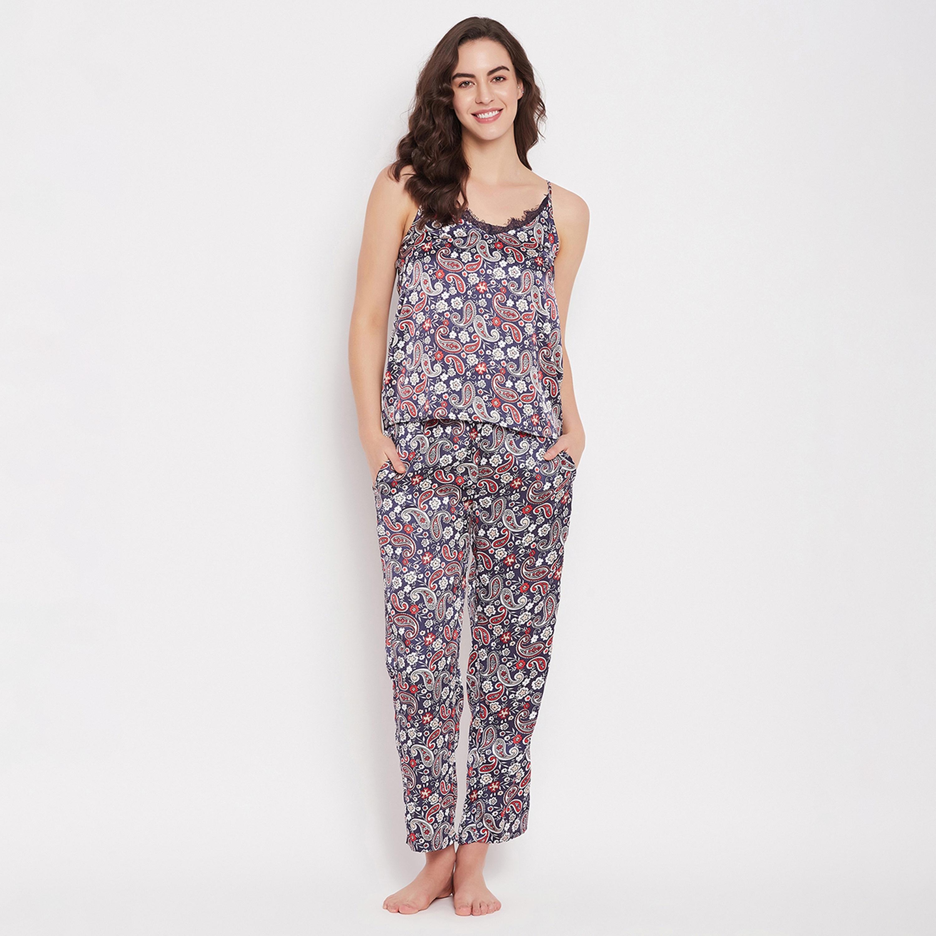 طقم بيجامة وقميص كامي بطبعة بيزلي للنساء باللون الأزرق الداكن من كلوفيا - ساتان-women-clothing-nightwear-pyjamas-longsets-image-8