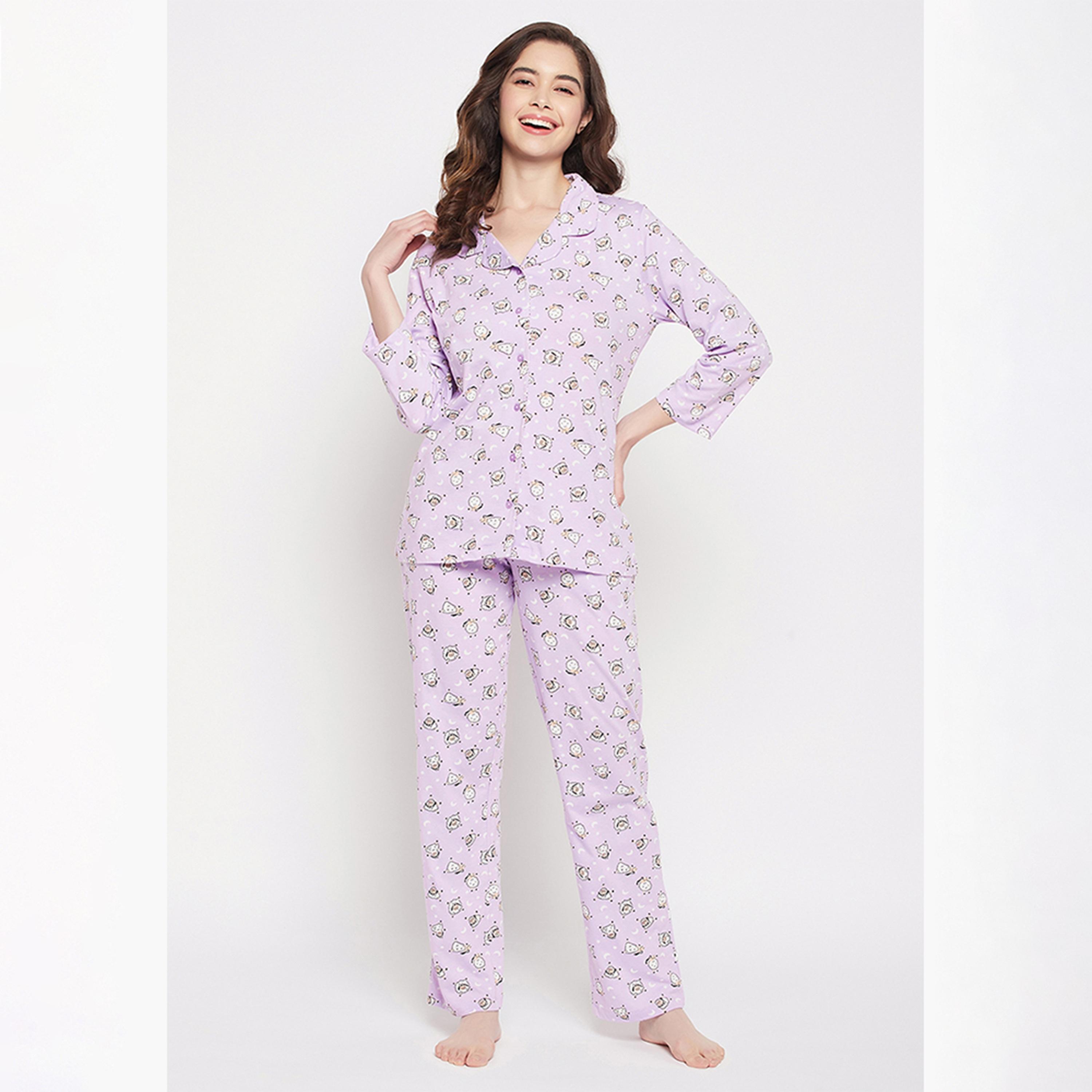 Clovia Sheep Print Button Down Women's Shirt & Pyjama Set in Lilac - 100% Cotton-women-clothing-nightwear-pyjamas-longsets-image-1