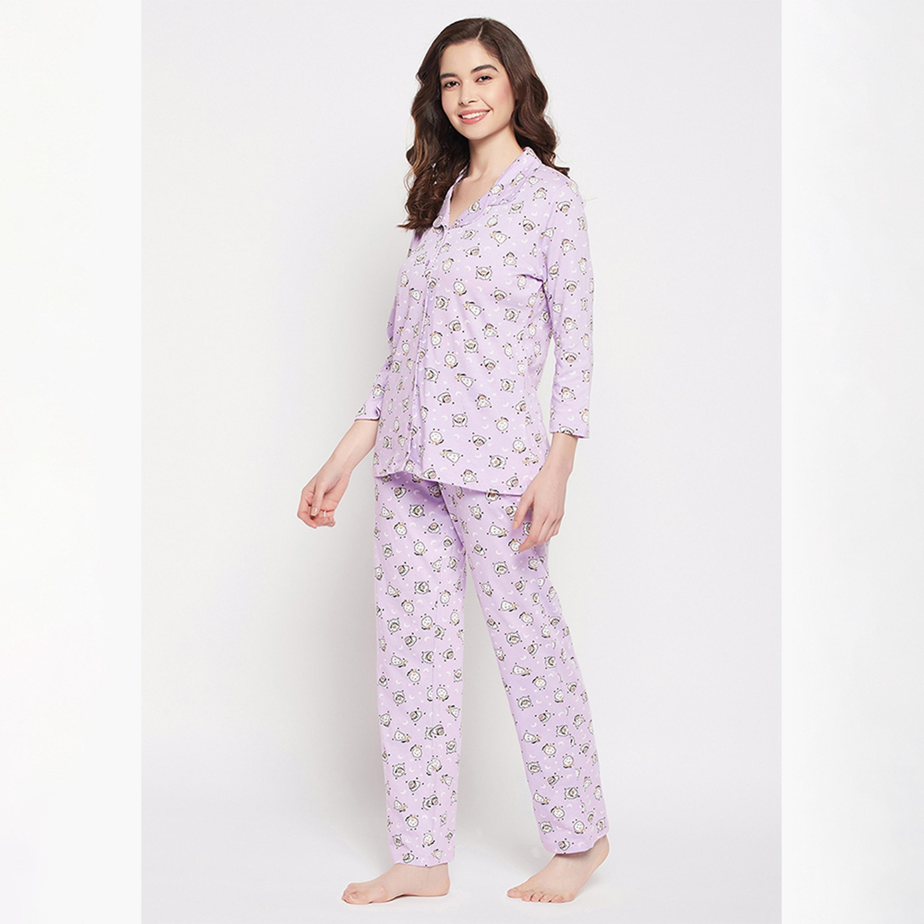 Clovia Sheep Print Button Down Women's Shirt & Pyjama Set in Lilac - 100% Cotton-women-clothing-nightwear-pyjamas-longsets-image-2