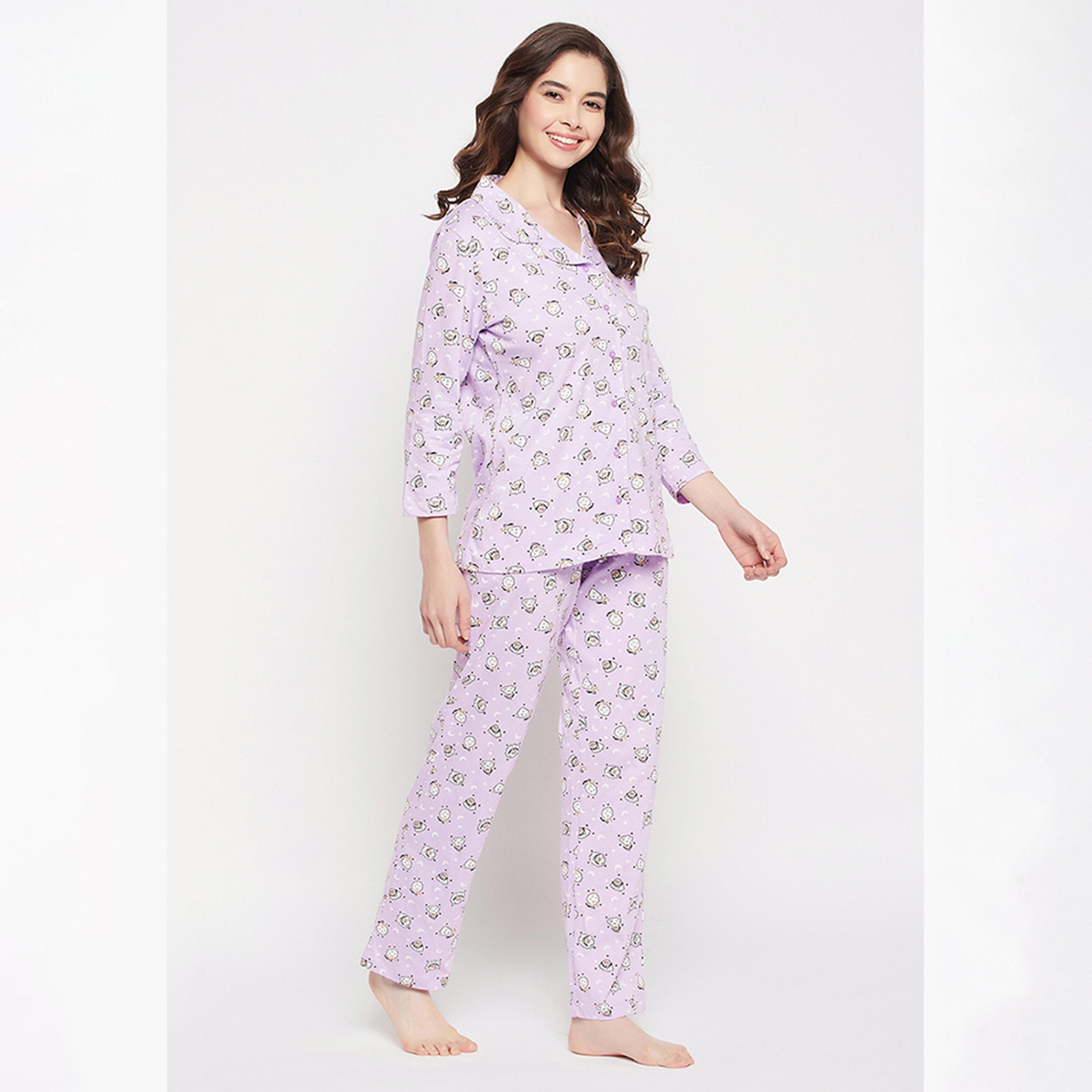 طقم قميص وبيجامة بأزرار بطبعة خروف - 100% قطن ليلاك من كلوفيا-women-clothing-nightwear-pyjamas-longsets-image-3